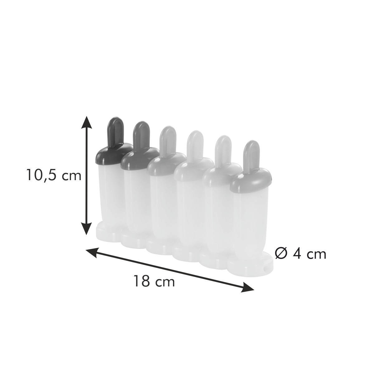 Stampi per ghiaccioli: 10,5 cm altezza, 18 cm lunghezza, 4 cm diametro.