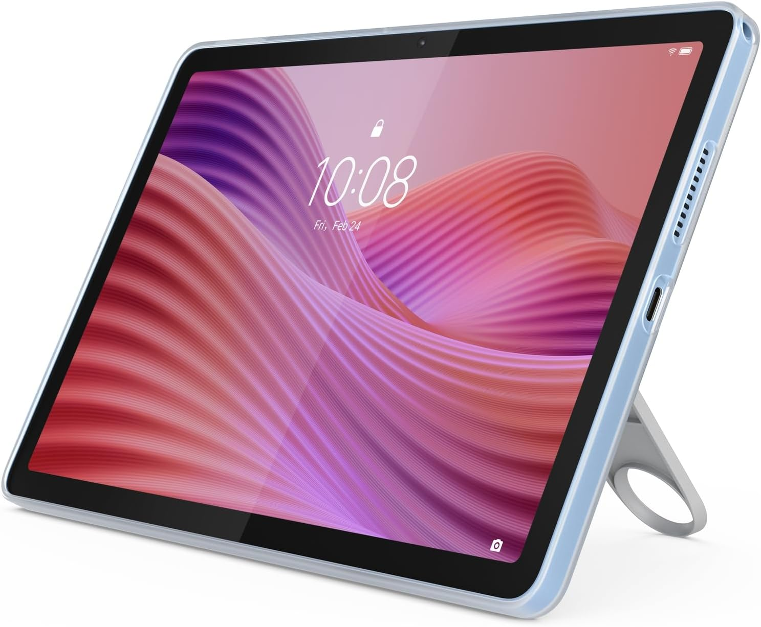 Un tablet blu è appoggiato a un cavalletto con uno sfondo colorato.