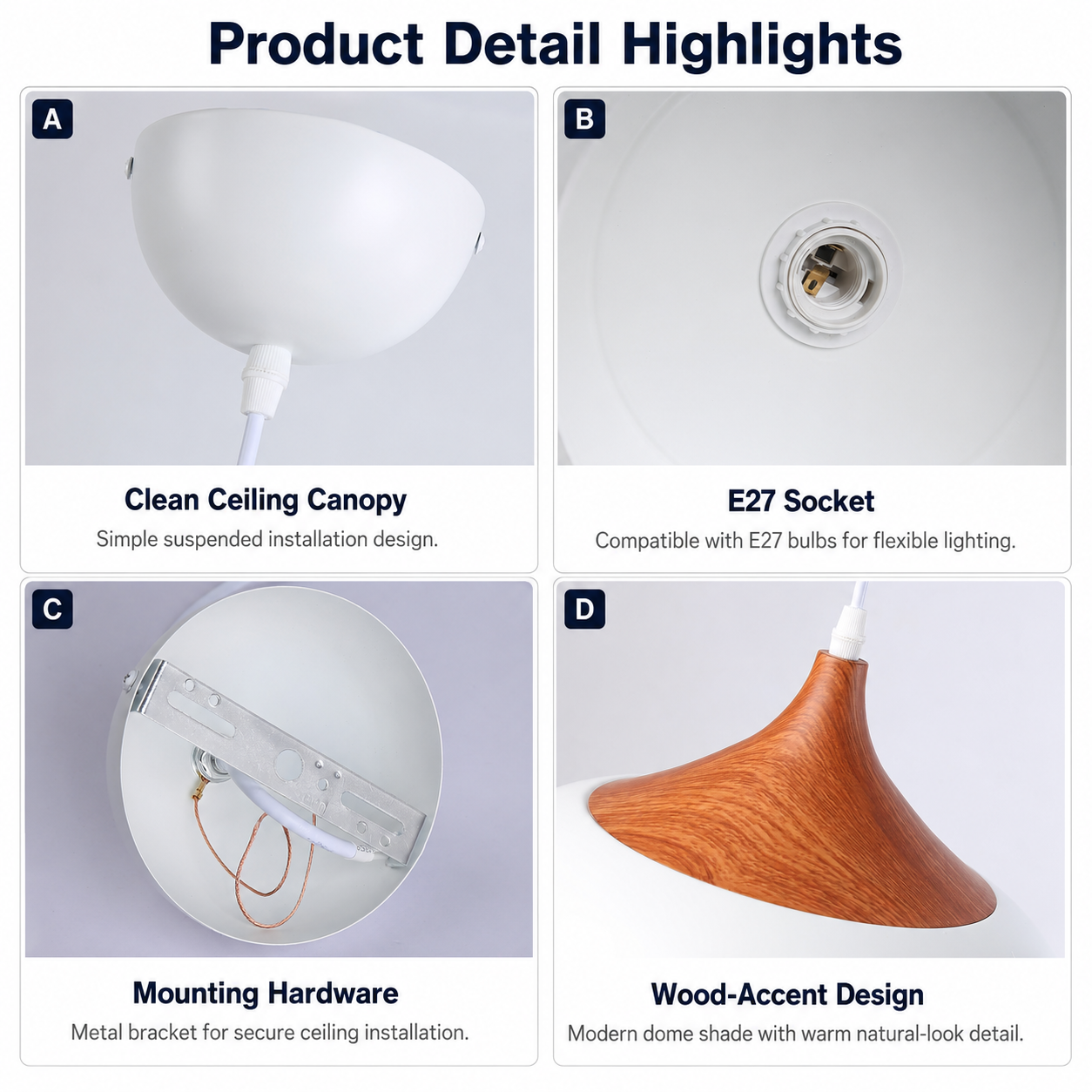 Cuatro detalles del producto: dosel de techo blanco, portalámparas E27, herrajes, diseño con acento de madera.