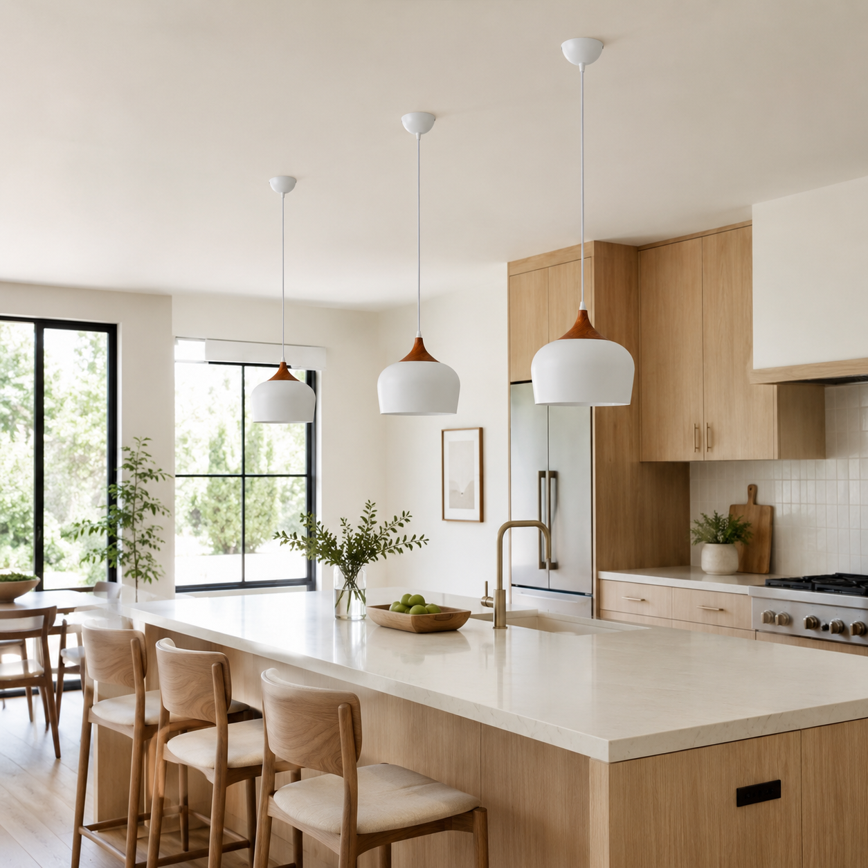 Cocina moderna con isla, taburetes, detalles de madera y tres lámparas colgantes.