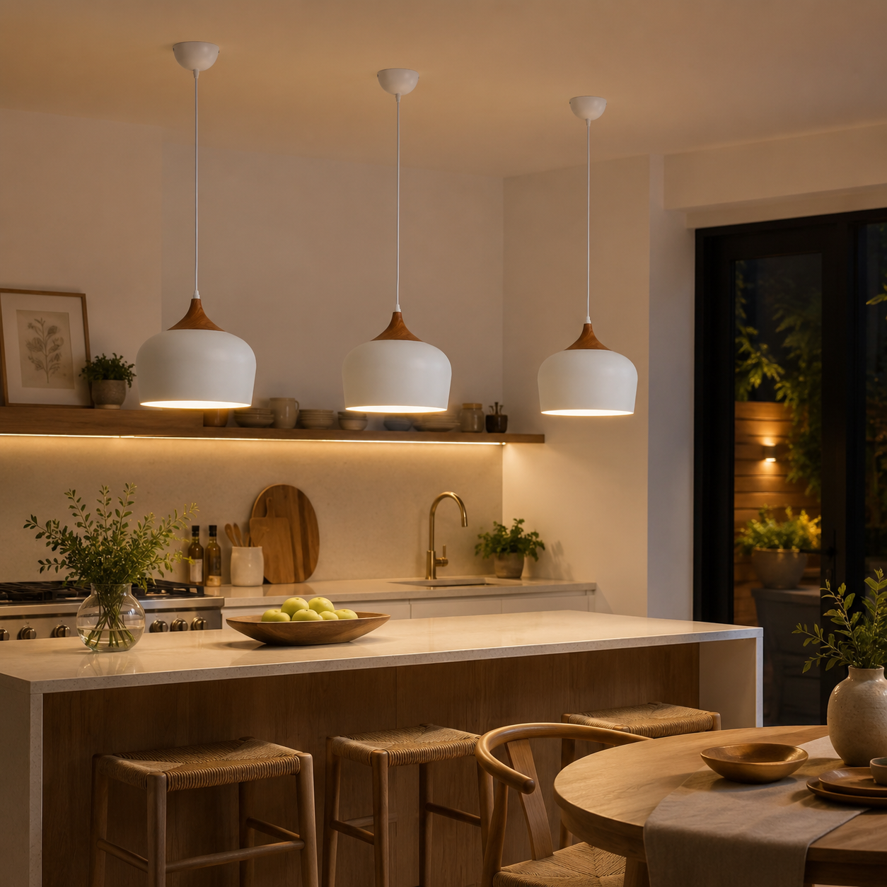 Cocina moderna con isla, luces colgantes, taburetes y mesa de comedor. Vista al jardín.