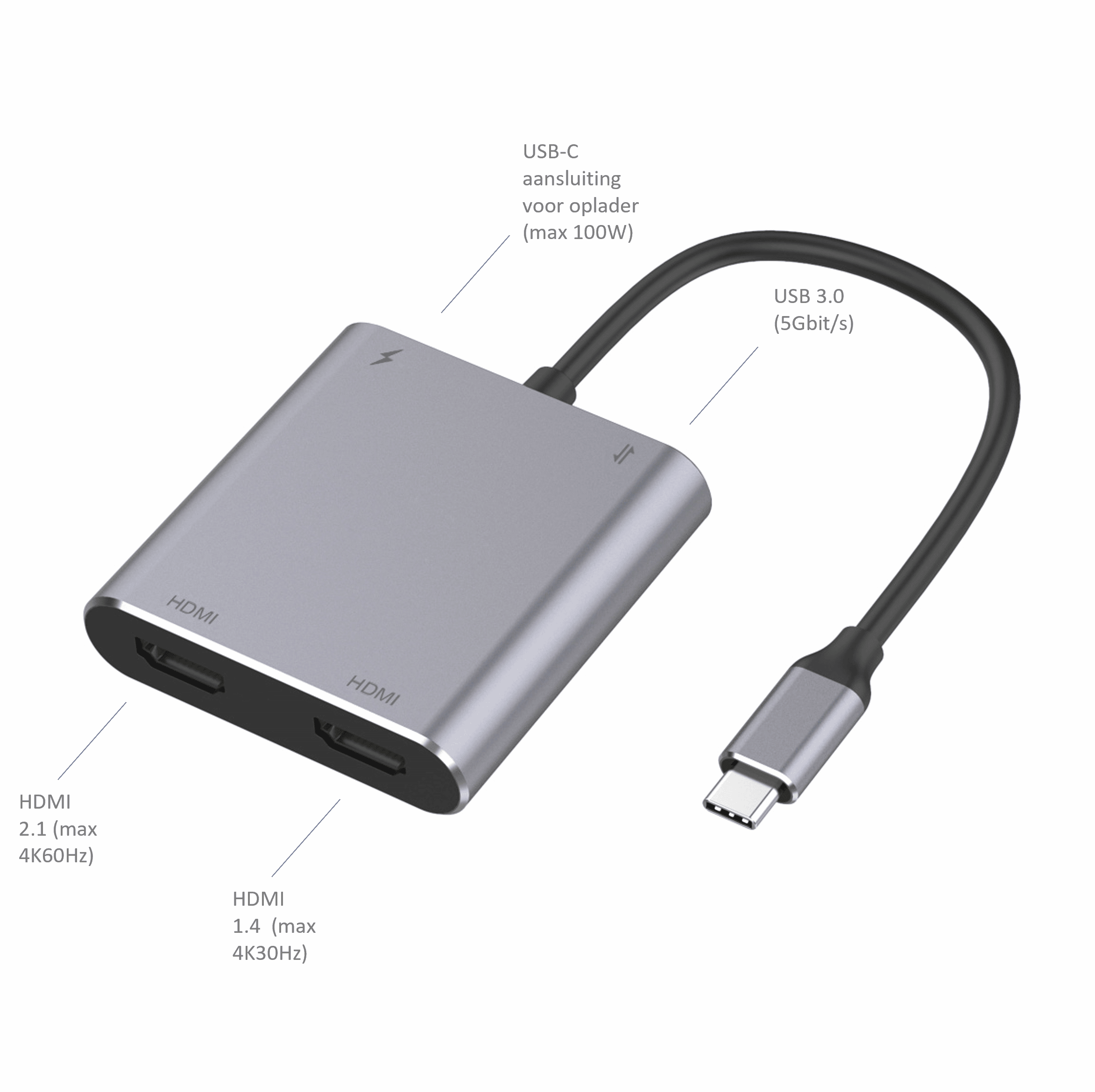 Gray USB-C adapter with two HDMI ports, one USB-A port, and one USB-C charging port.
