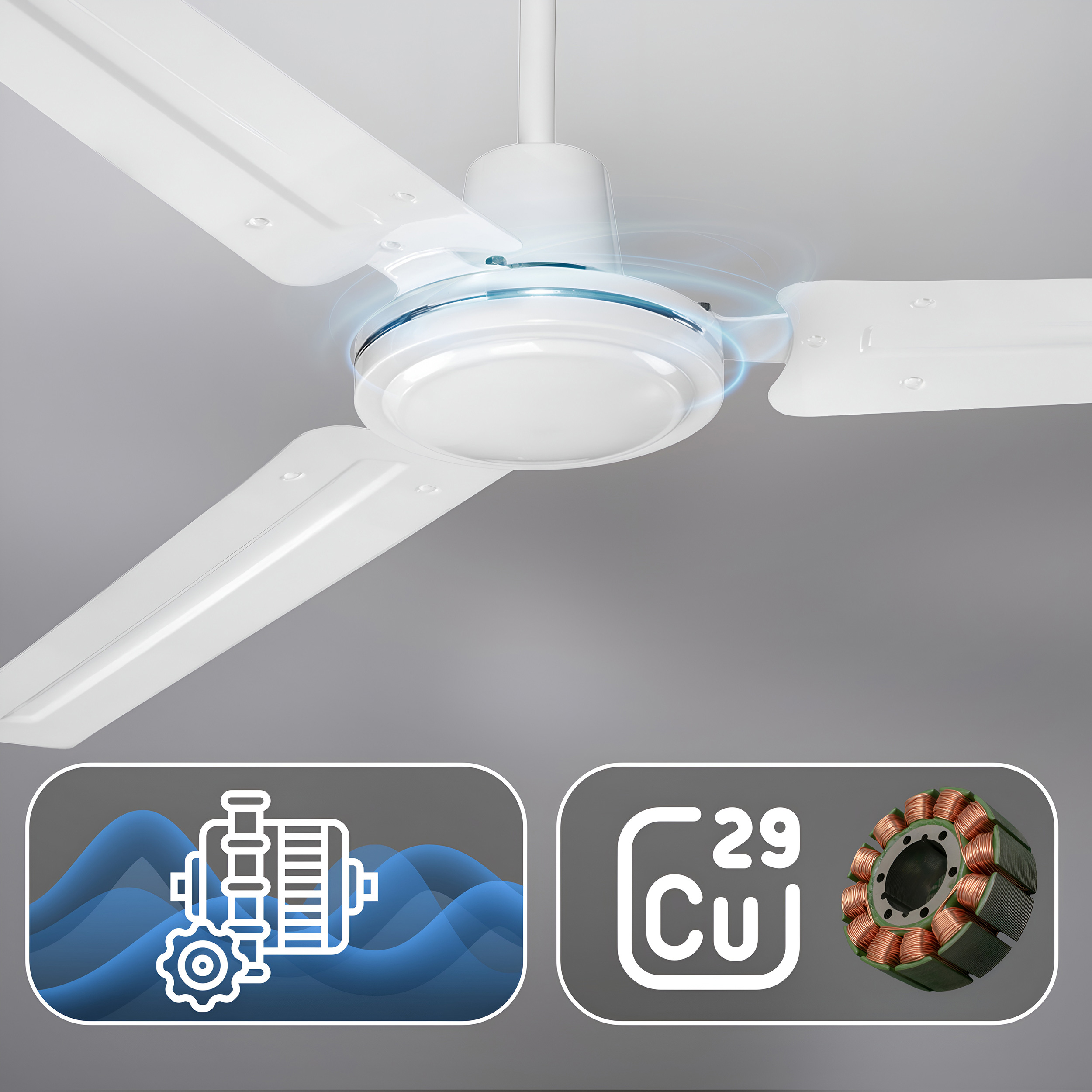 Biały wentylator sufitowy z trzema łopatkami i dwoma ikonami poniżej.