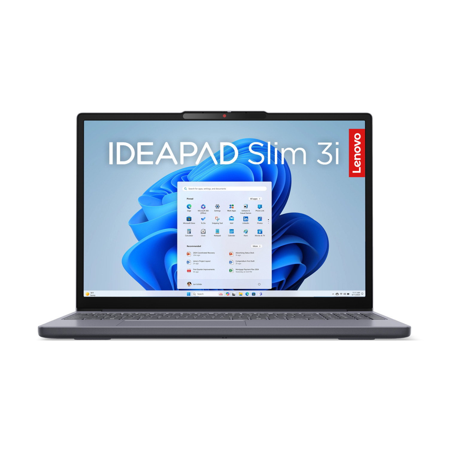 Laptop Lenovo Ideapad Slim 3i grigio con menu Start di Windows 11 aperto.