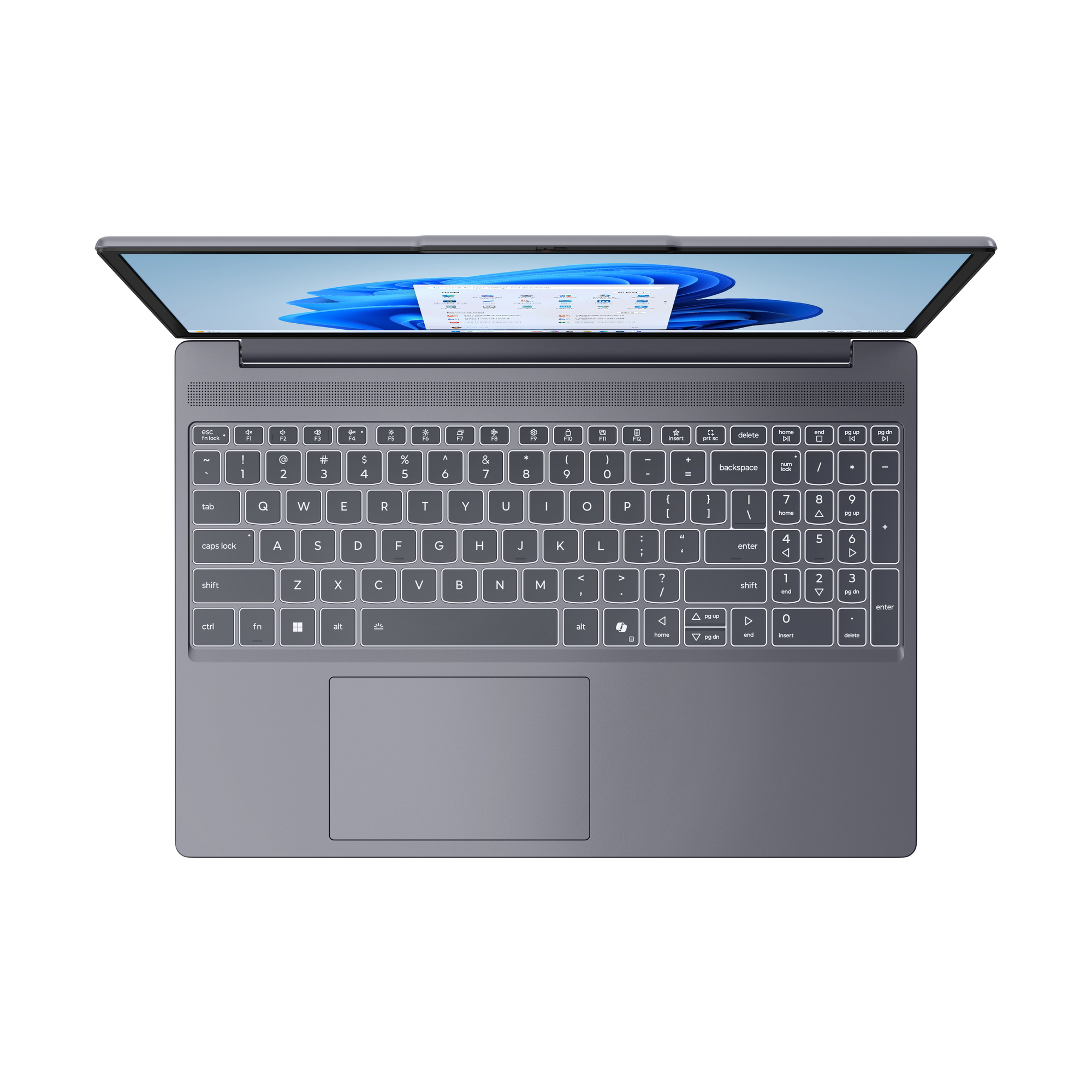 Un laptop grigio aperto, che mostra schermo, tastiera e touchpad.