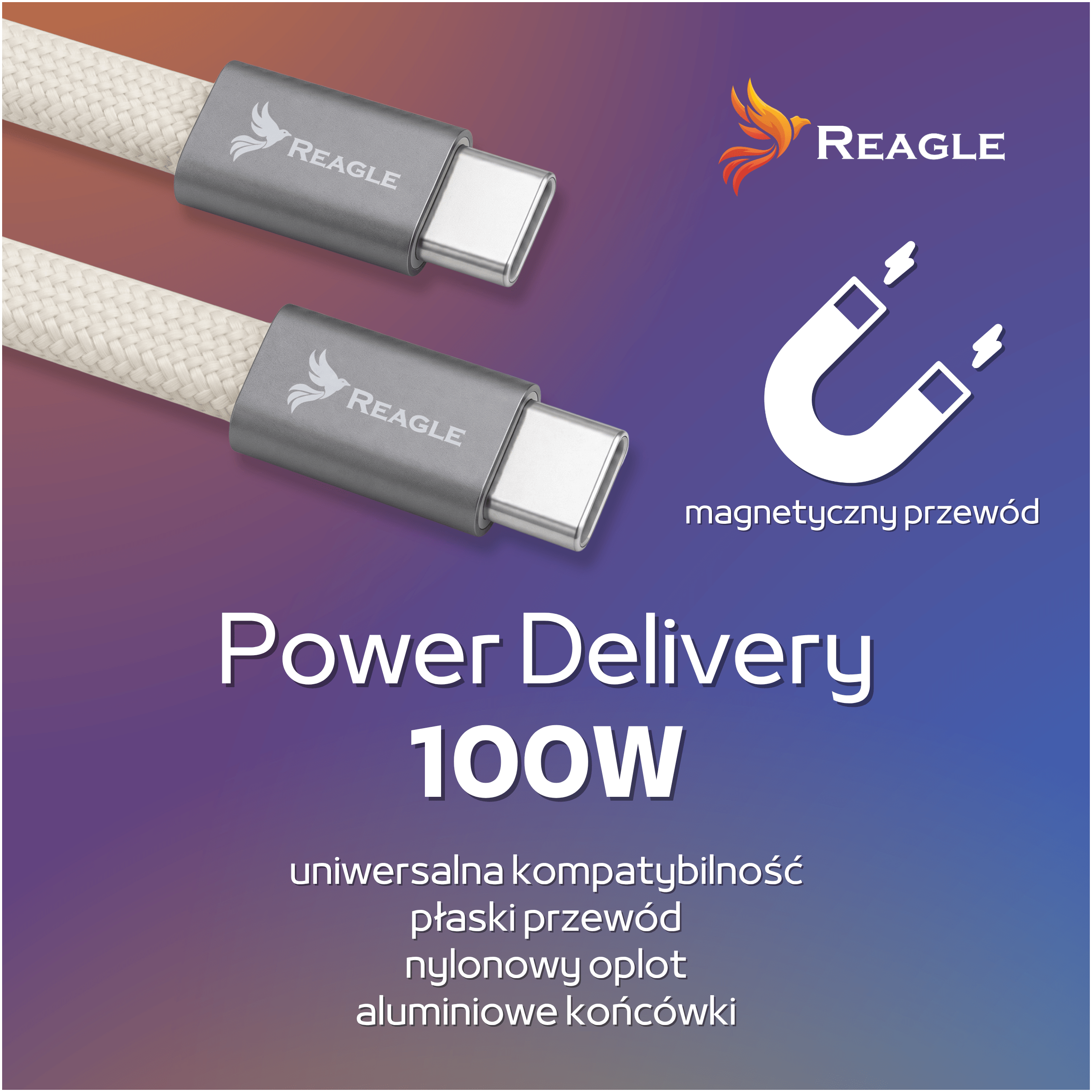 Dwa białe kable USB-C Reagle ze srebrnymi złączami i logo.