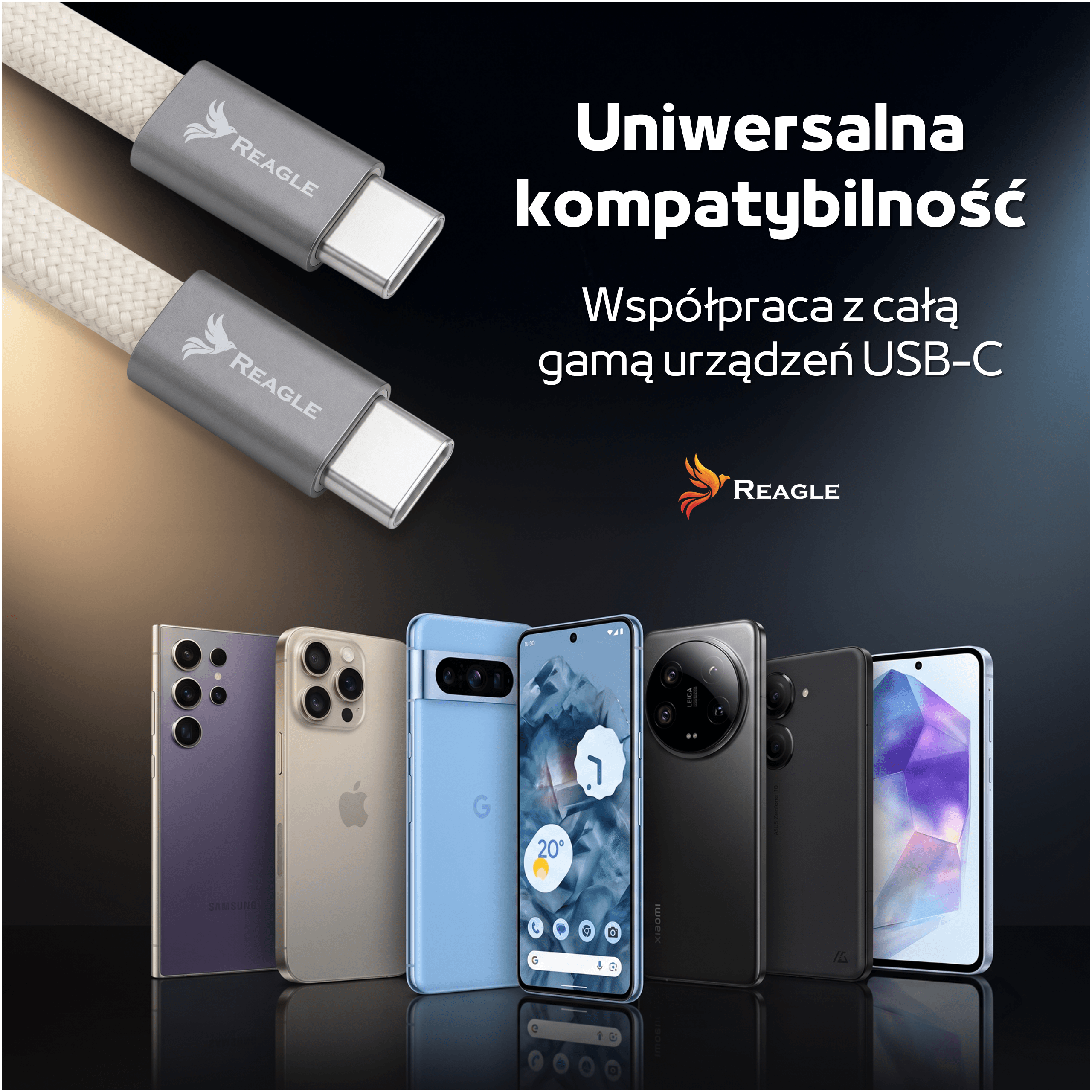 Zbliżenie kabli USB-C i wielu smartfonów na czarnym tle.