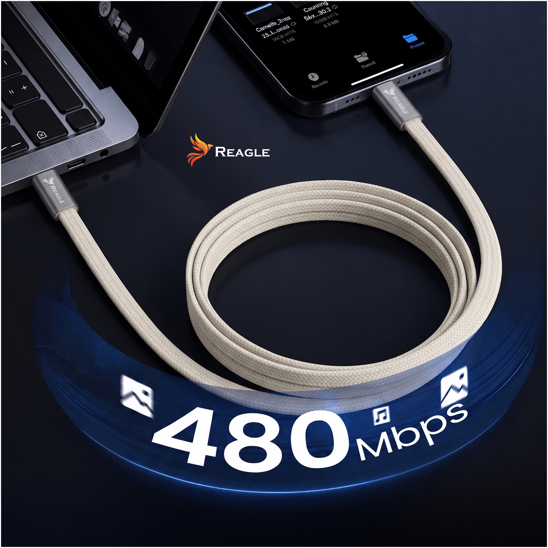Jasno beżowy kabel łączy laptopa ze smartfonem. Wyświetlono "480 Mbps".