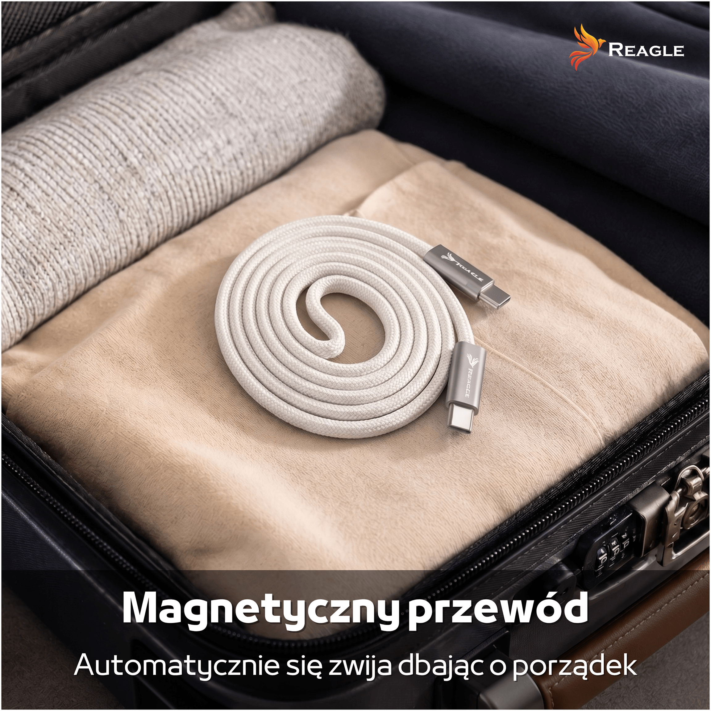 Biały kabel USB-C jest schludnie zwinięty na ubraniach w walizce.