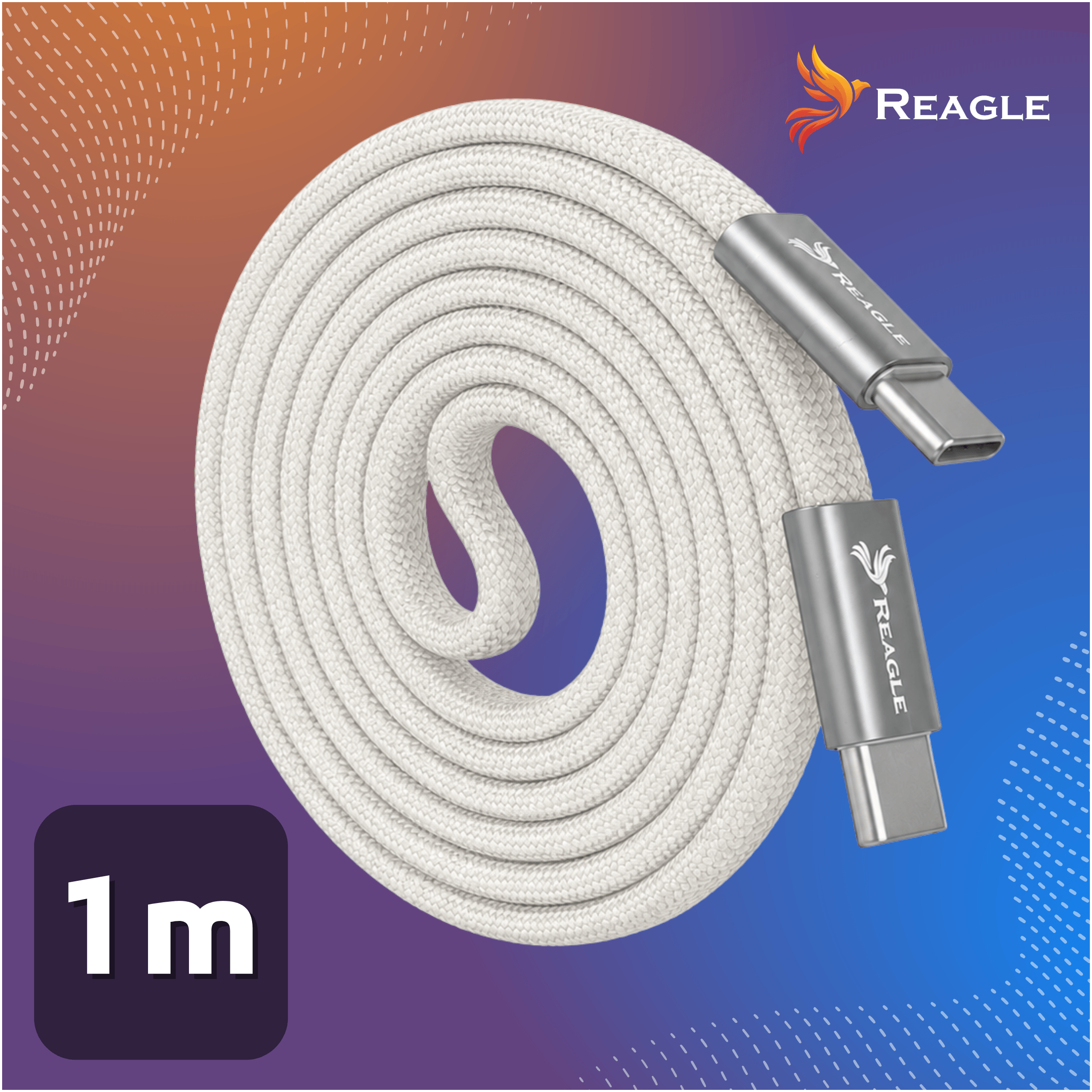 Biały kabel USB-C o długości 1m, zwinięty, ze srebrnymi złączami i logo.