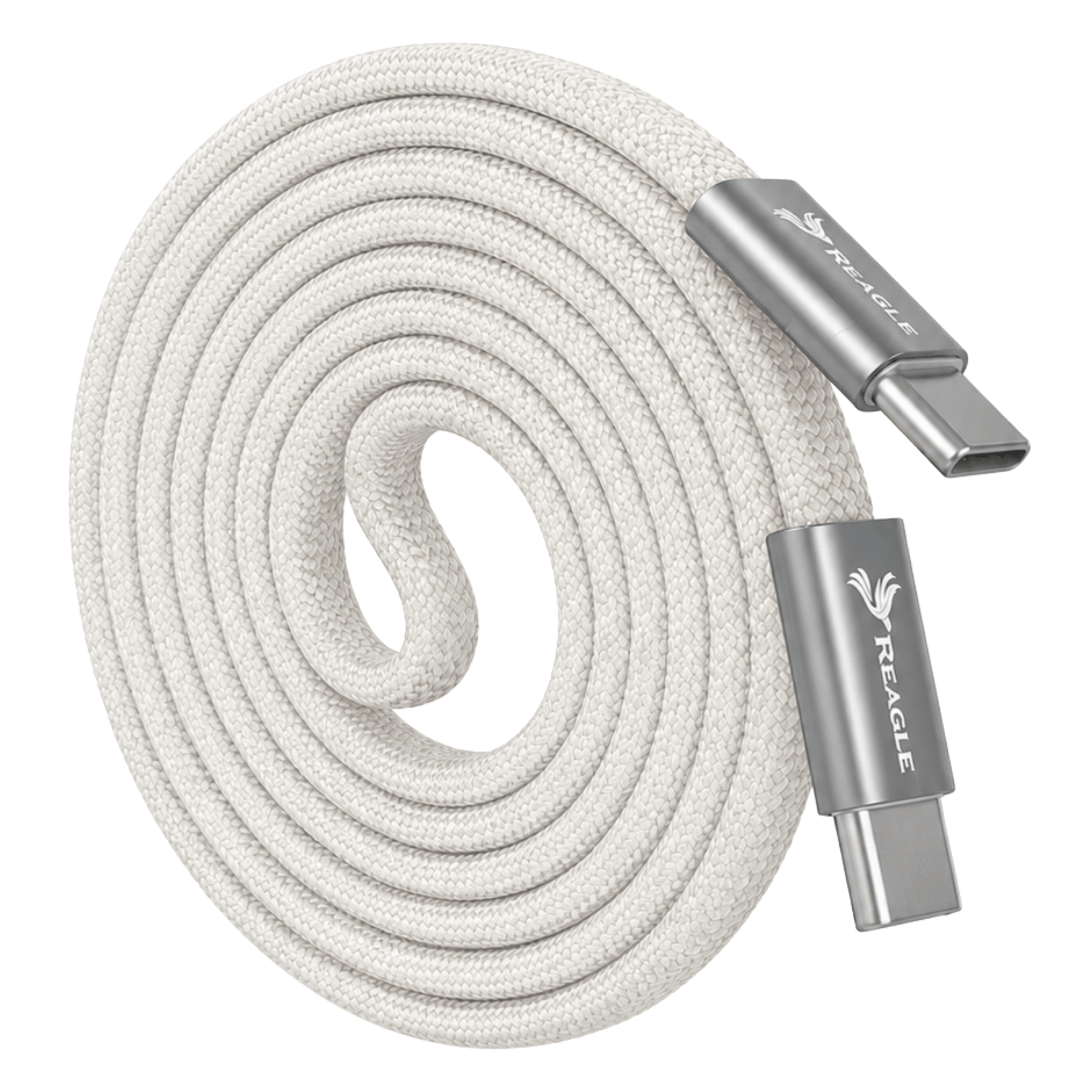 Biały, pleciony kabel USB-C zwinięty ze srebrnymi złączami.