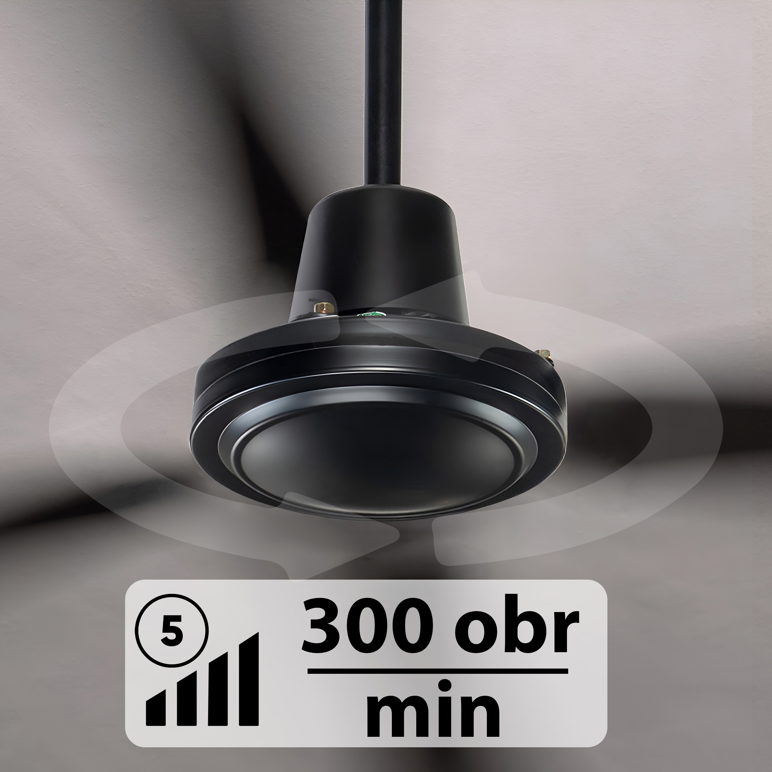 Czarny wentylator sufitowy z ustawieniem 5 prędkości i wskaźnikiem 300 obr./min.