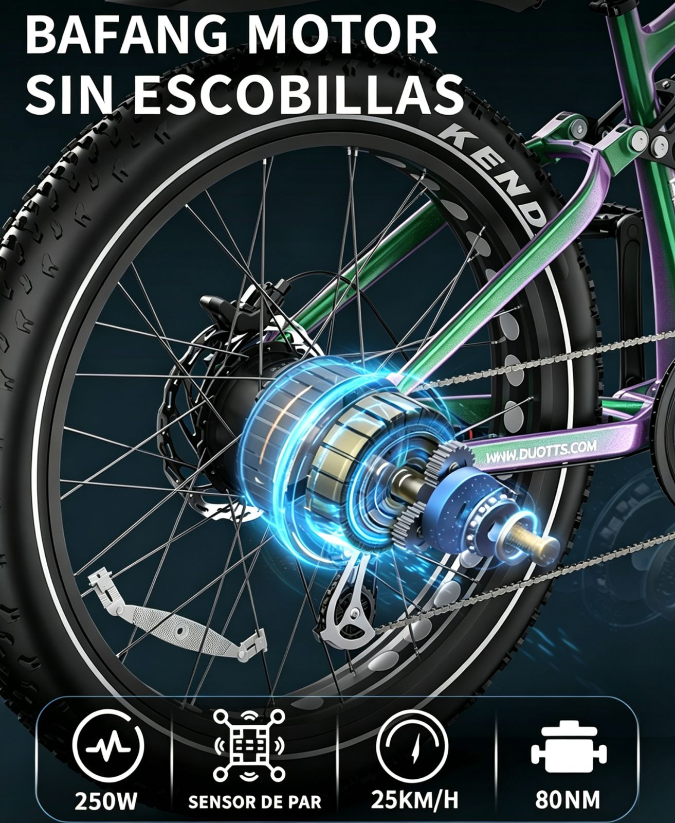 Primer plano de la rueda trasera de una e-bike mostrando motor, cadena y radios.
