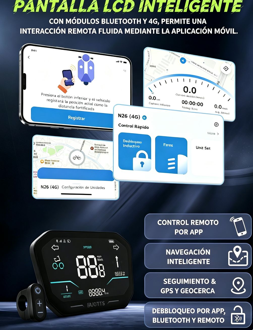 Pantalla LCD inteligente con control de app, navegación y GPS.