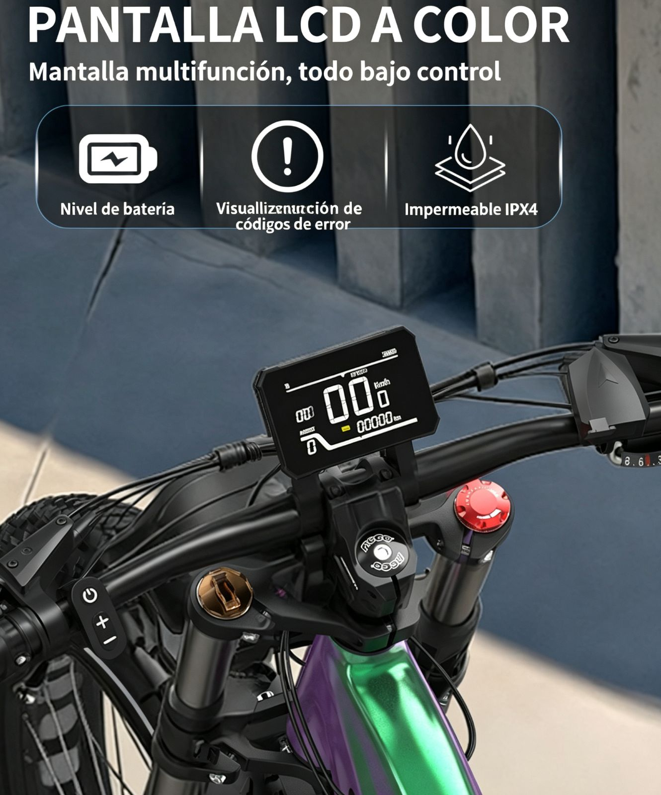 Pantalla de bicicleta muestra batería, códigos de error y resistencia IPX4.