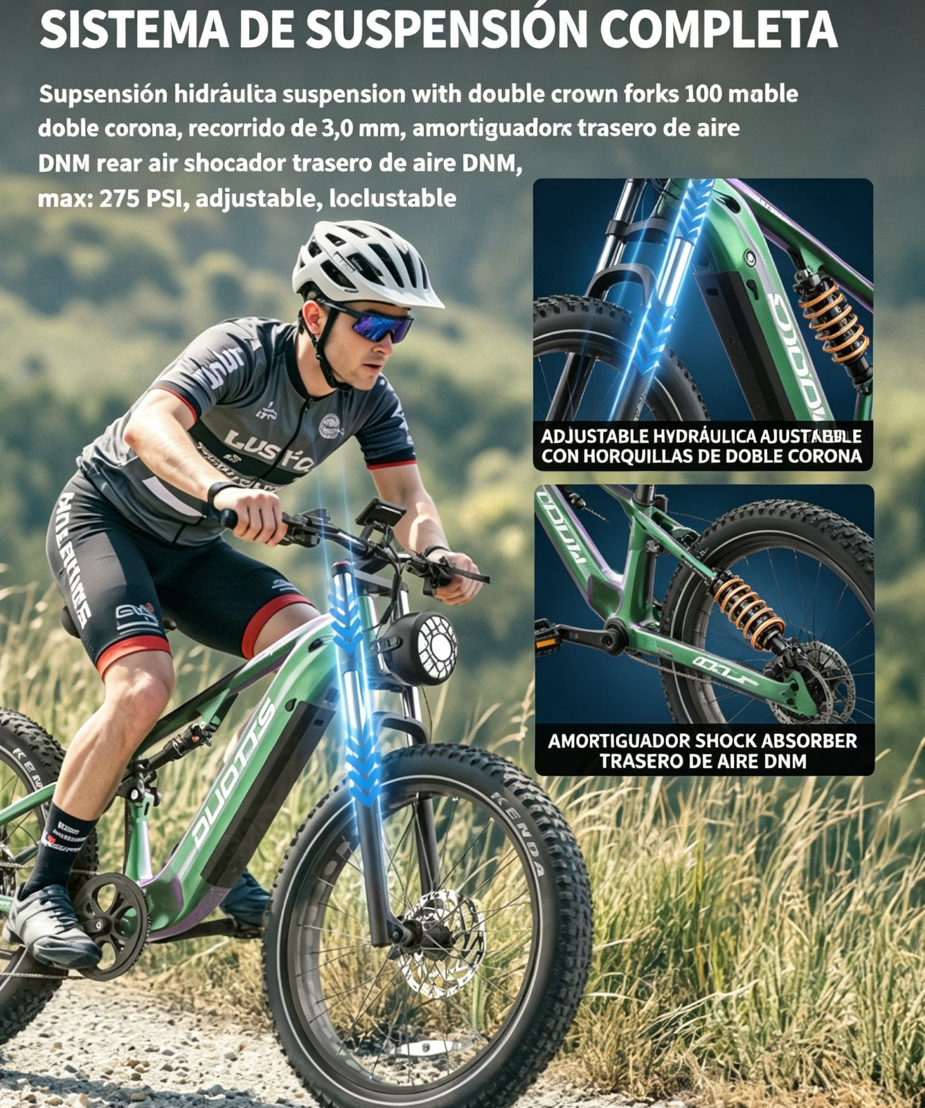 Un hombre monta una bicicleta eléctrica verde con suspensión en un camino de tierra. Primeros planos muestran la horquilla y el amortiguador.