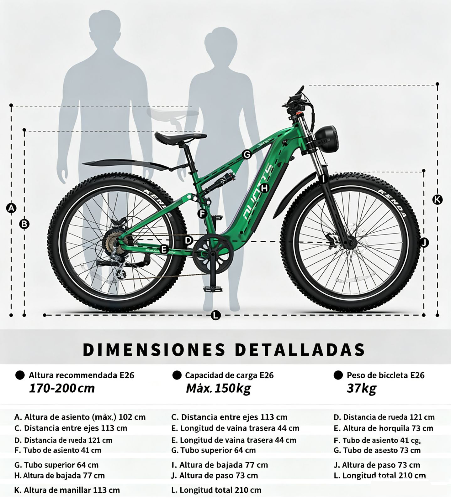 Bicicleta eléctrica verde con dimensiones y siluetas de dos personas.
