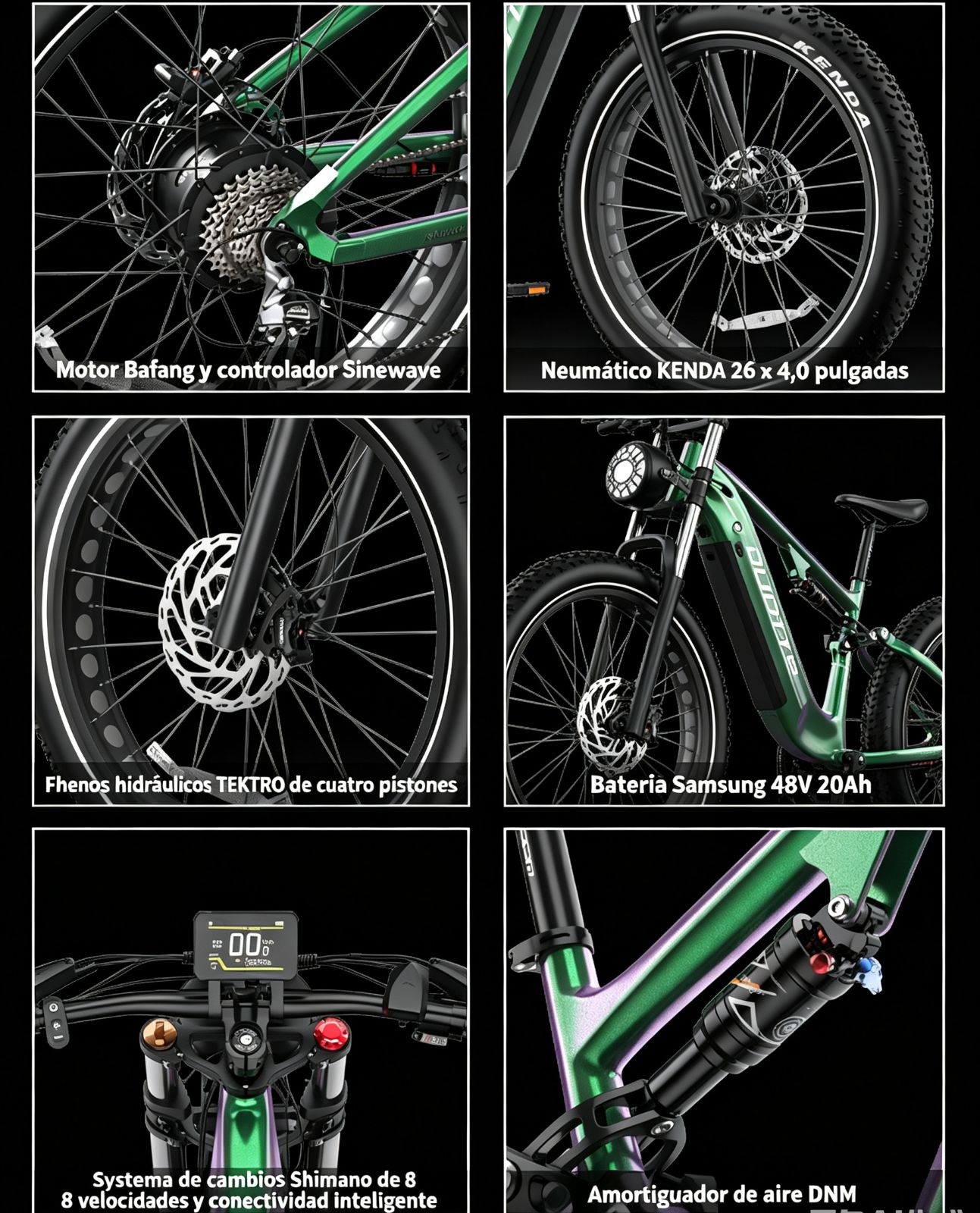 Bicicleta eléctrica verde con neumáticos anchos, frenos de disco, motor.