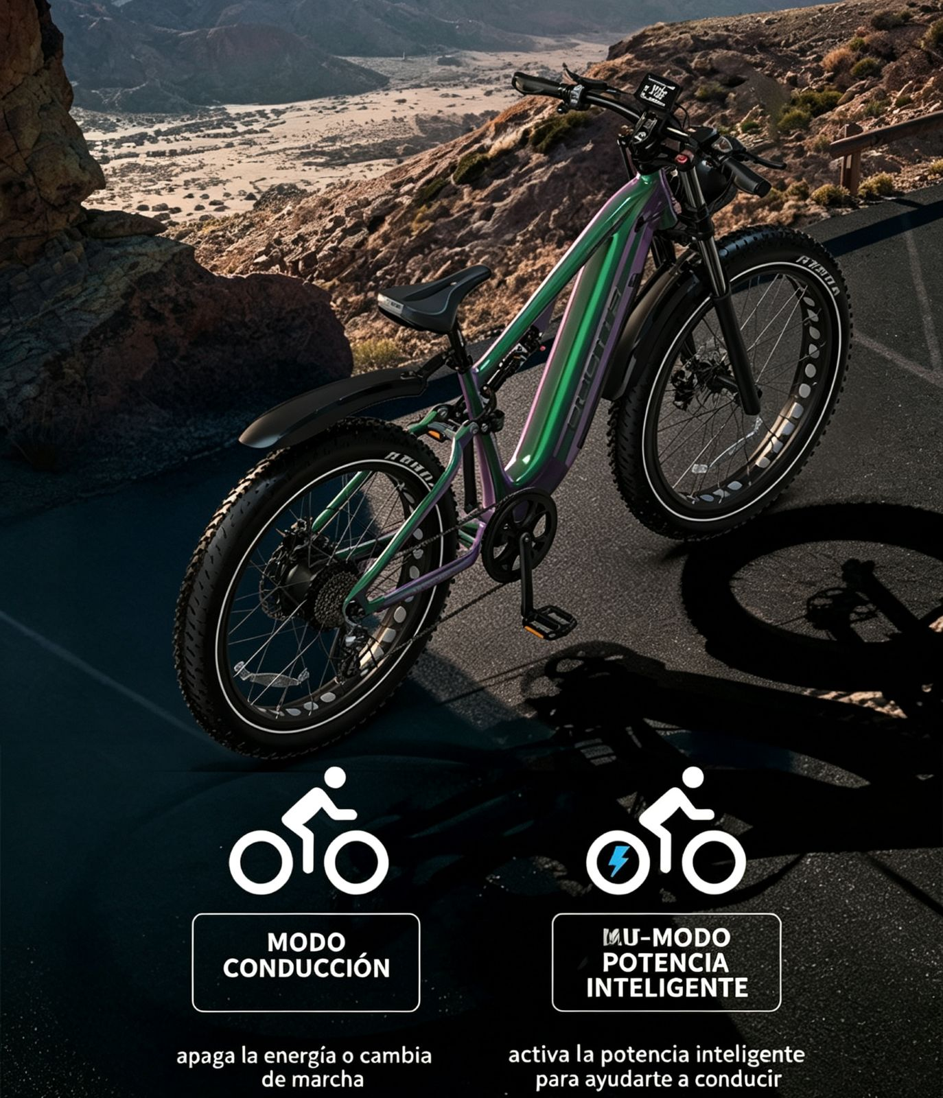 Una e-bike morada y verde en una carretera con paisaje rocoso de fondo.