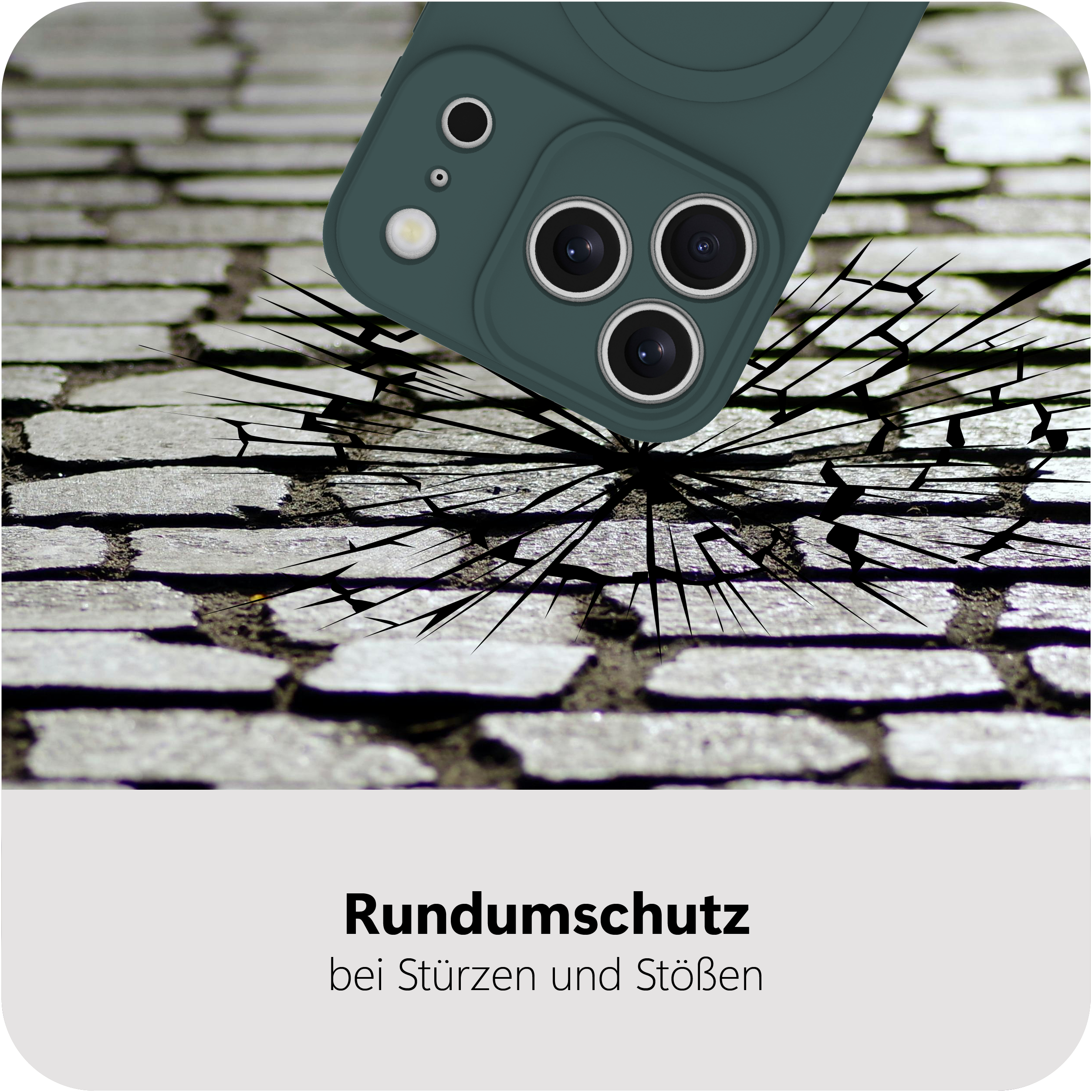 Dunkelgrüne Handyhülle fällt auf Steinboden, Risse breiten sich aus.