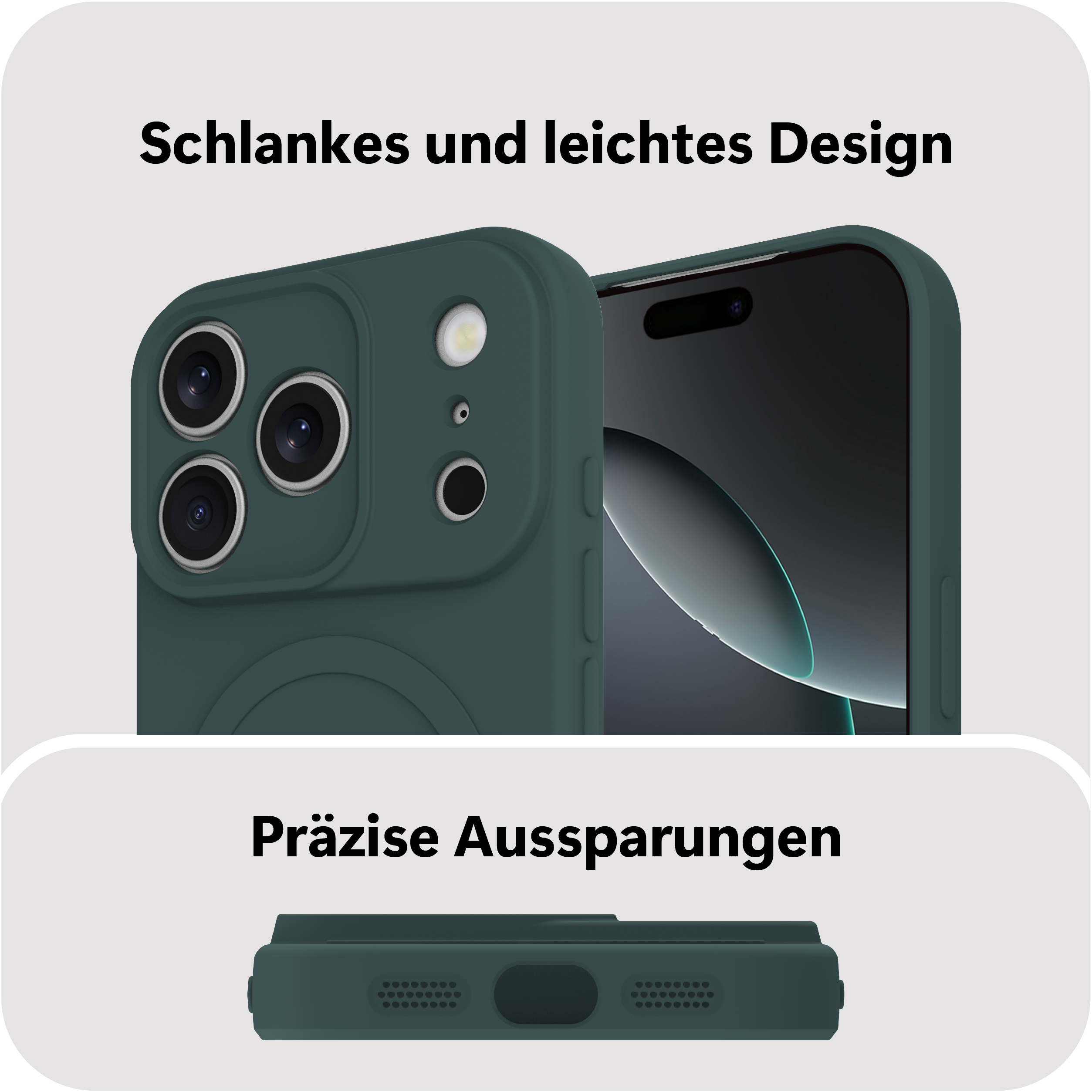 Dunkelgrüne Handyhülle mit präzisen Aussparungen und drei Kameralinsen.