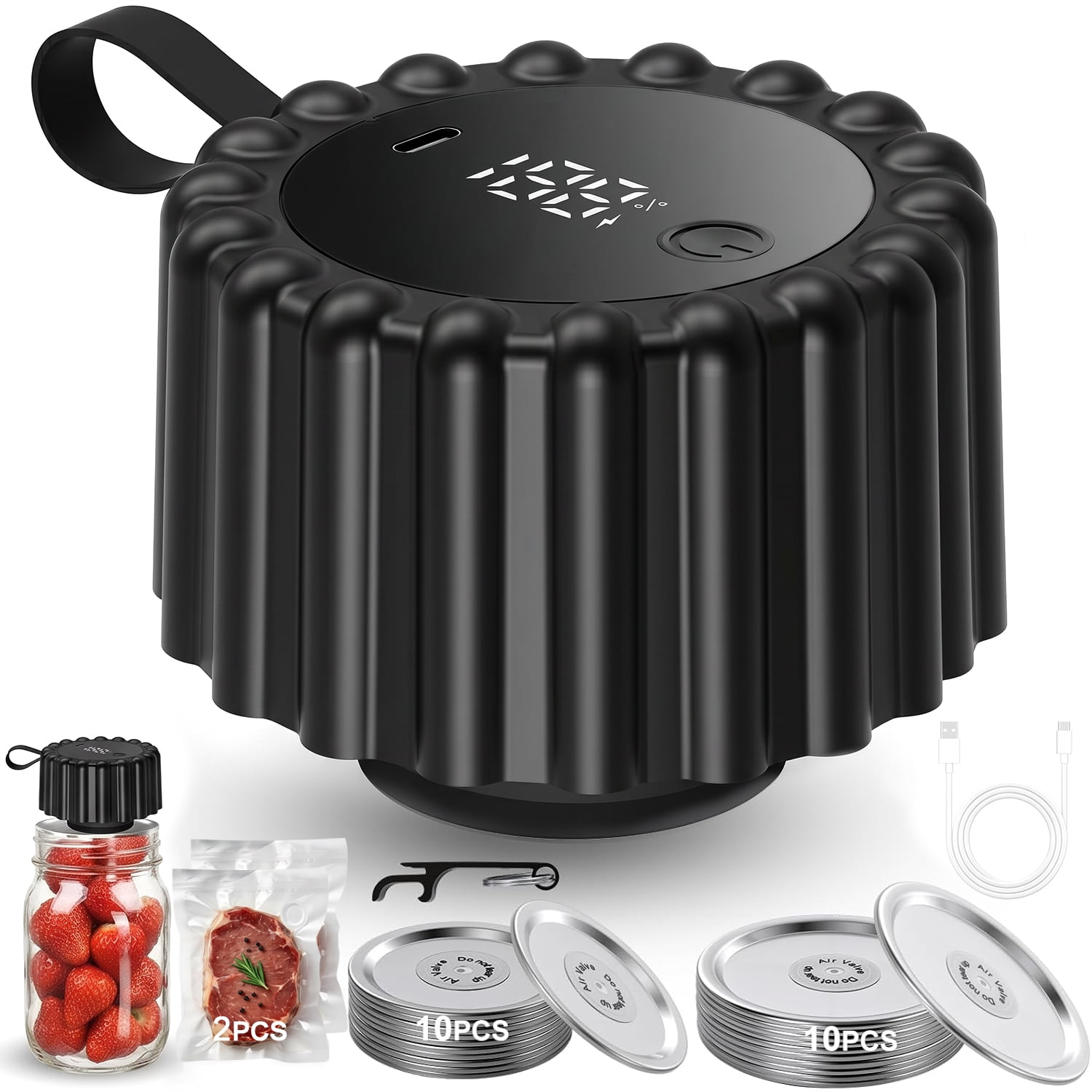 Schwarzer Vakuumierer mit Erdbeerenglas, Steak, Deckeln und USB-Kabel.