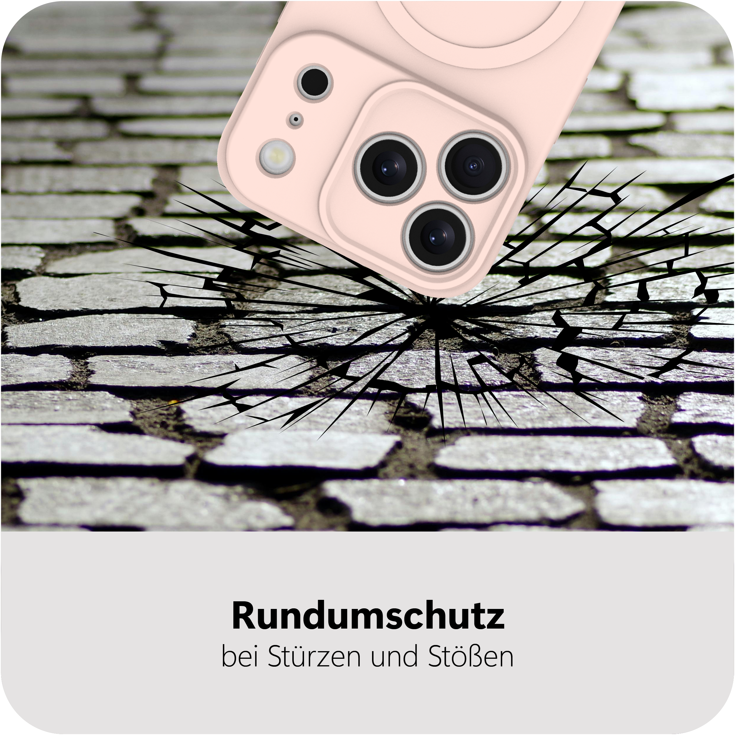 Ein rosafarbenes Handycase fällt auf Kopfsteinpflaster, das Risse zeigt.