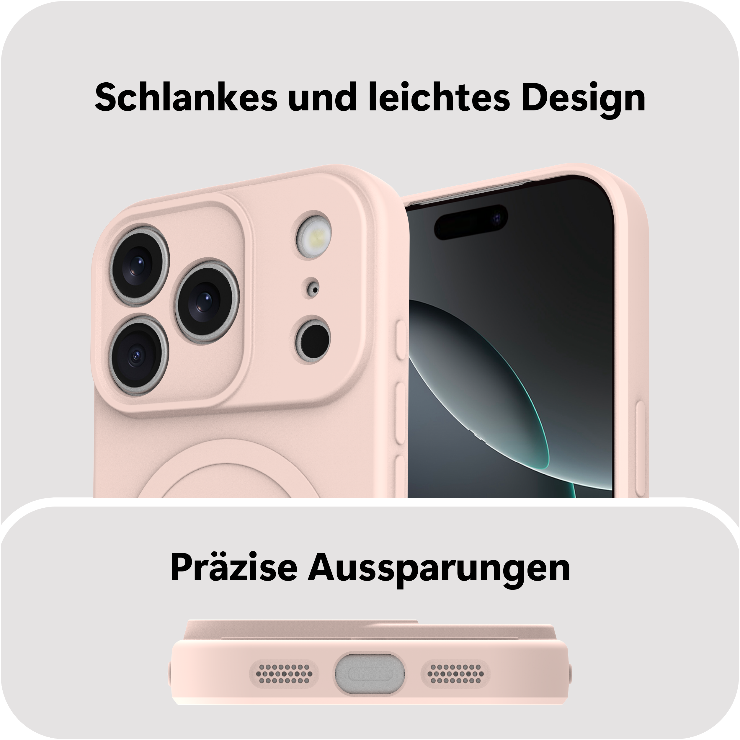 Ein hellrosa Handyhülle mit präzisen Ausschnitten und Kameraaussparungen.