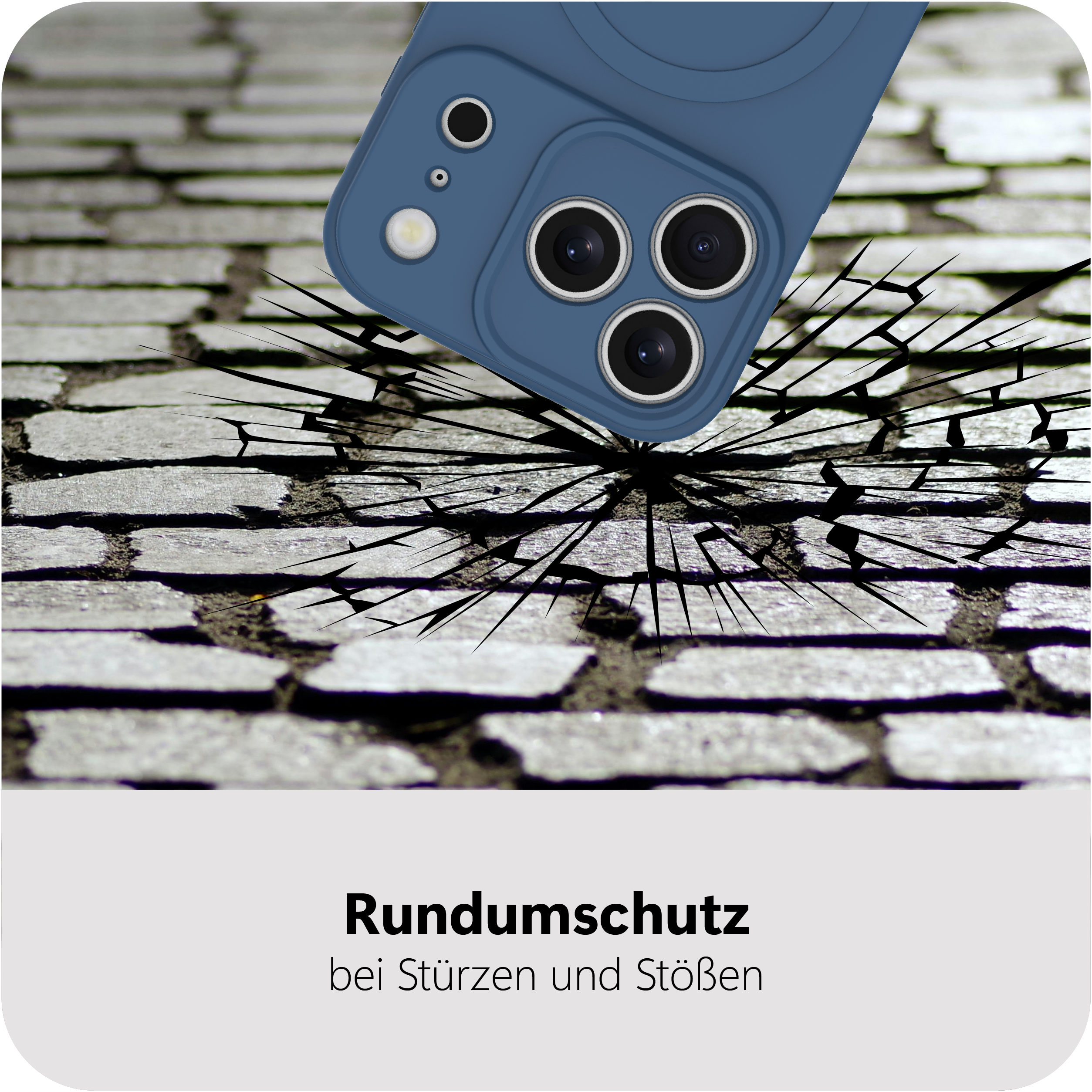 Blaues Handycase stürzt auf Steinboden, der Risse zeigt.