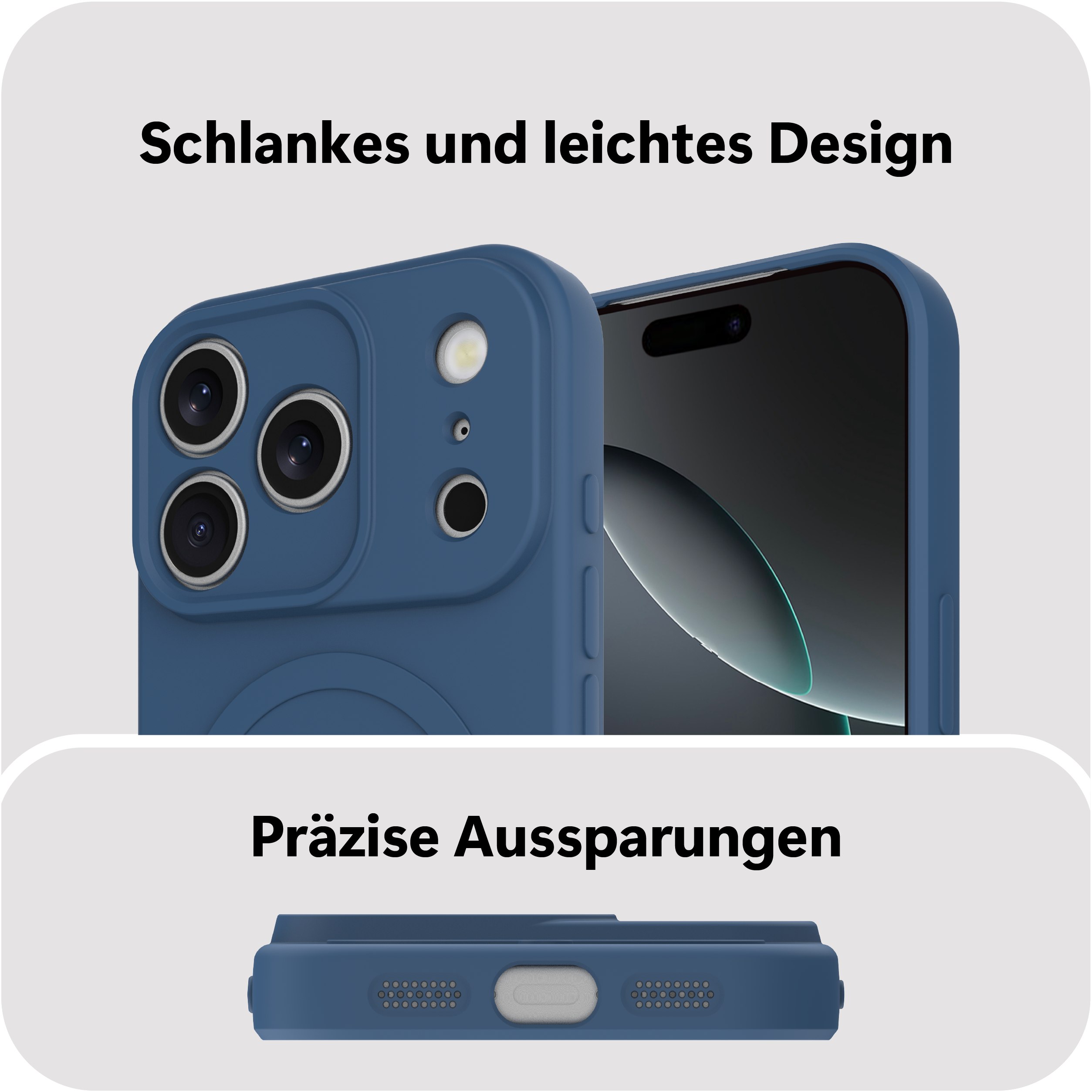 Blaues Handy mit Kamera und Display. Unten Ladeanschluss.