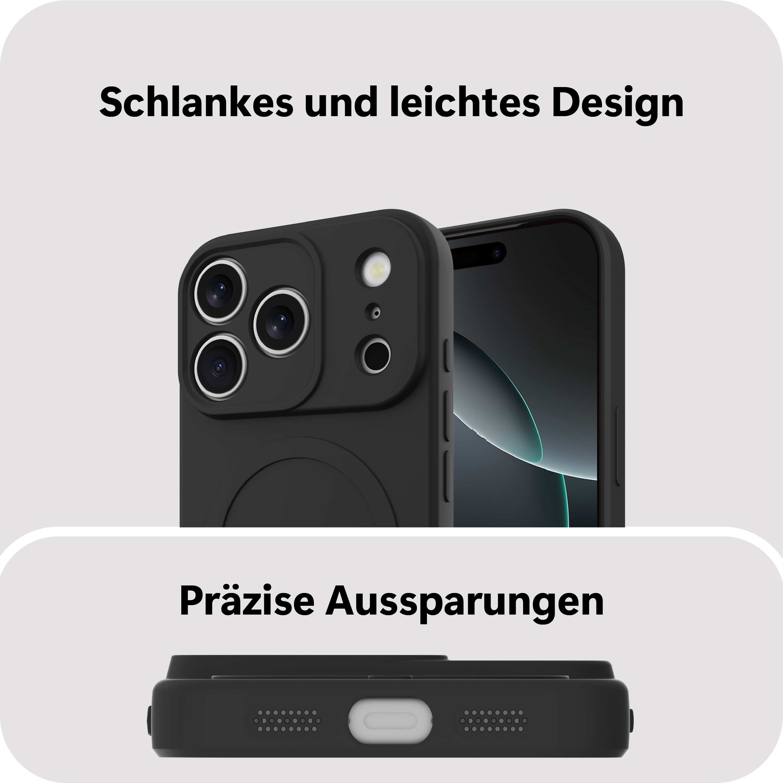 Custodia nera per telefono con lenti della fotocamera e ritagli precisi. Design sottile e leggero.
