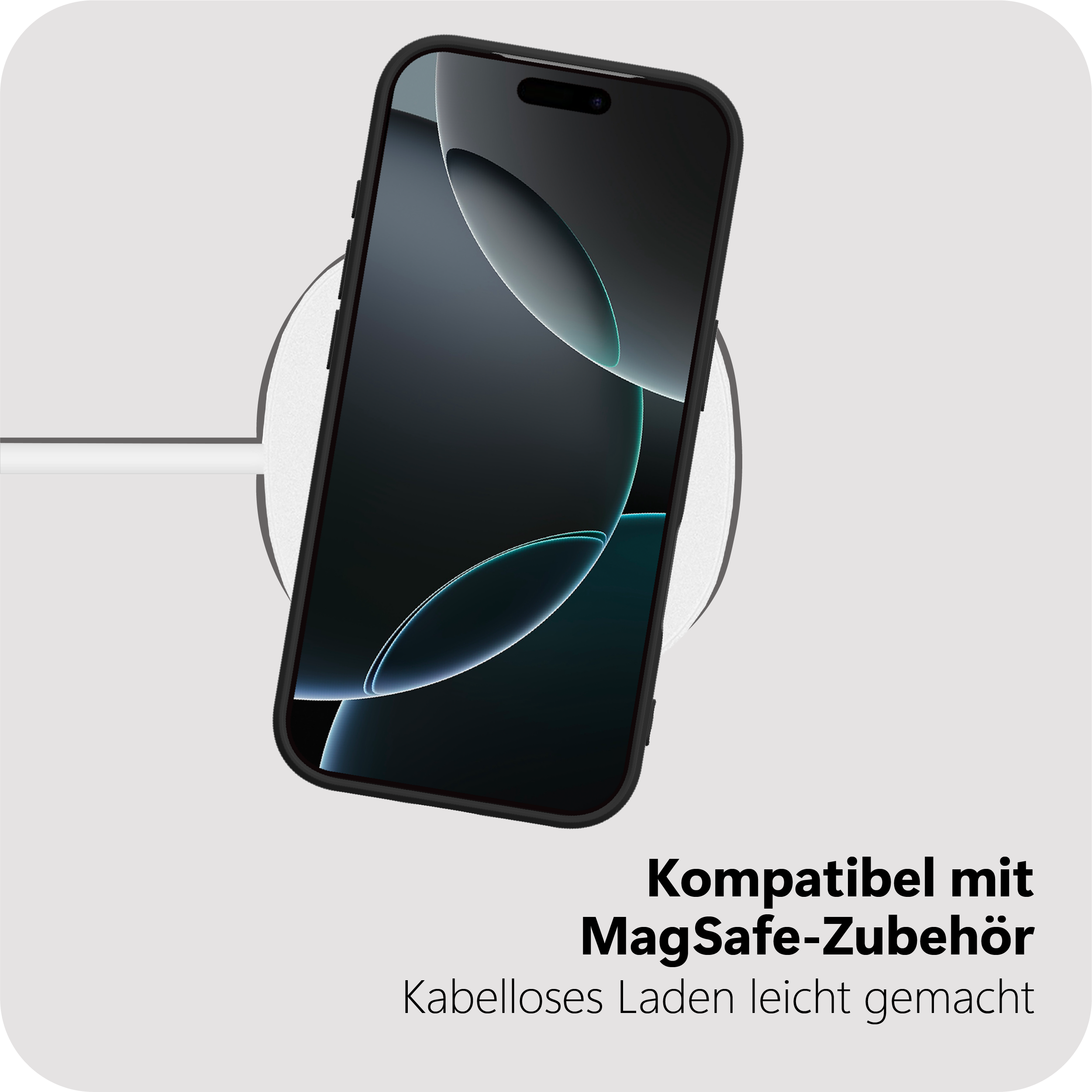 Uno smartphone nero con accessori MagSafe e ricarica wireless.