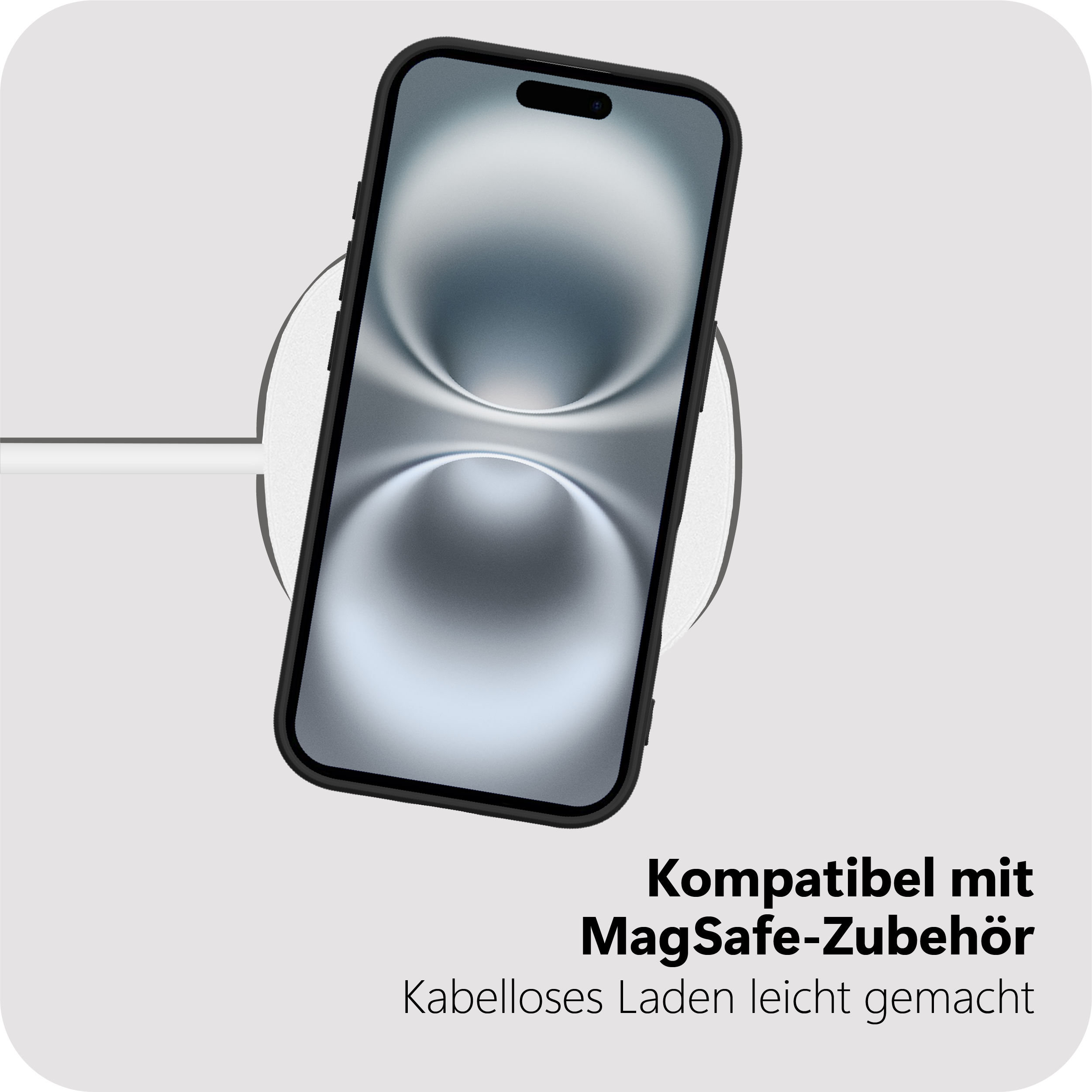 Uno smartphone nero con accessori MagSafe e ricarica wireless.