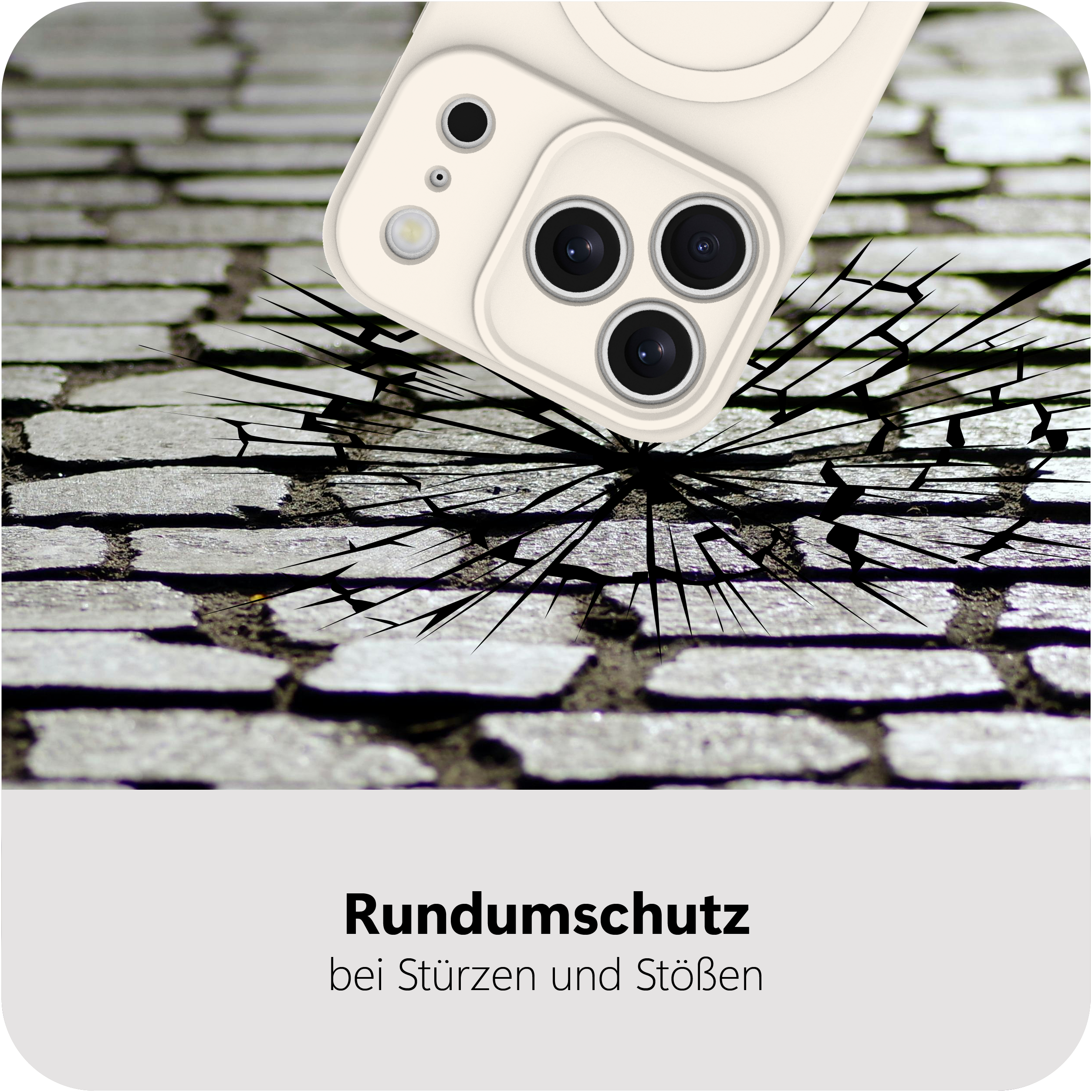 Ein hellbeiges Handycase fällt auf Pflastersteine, die zerbrechen.