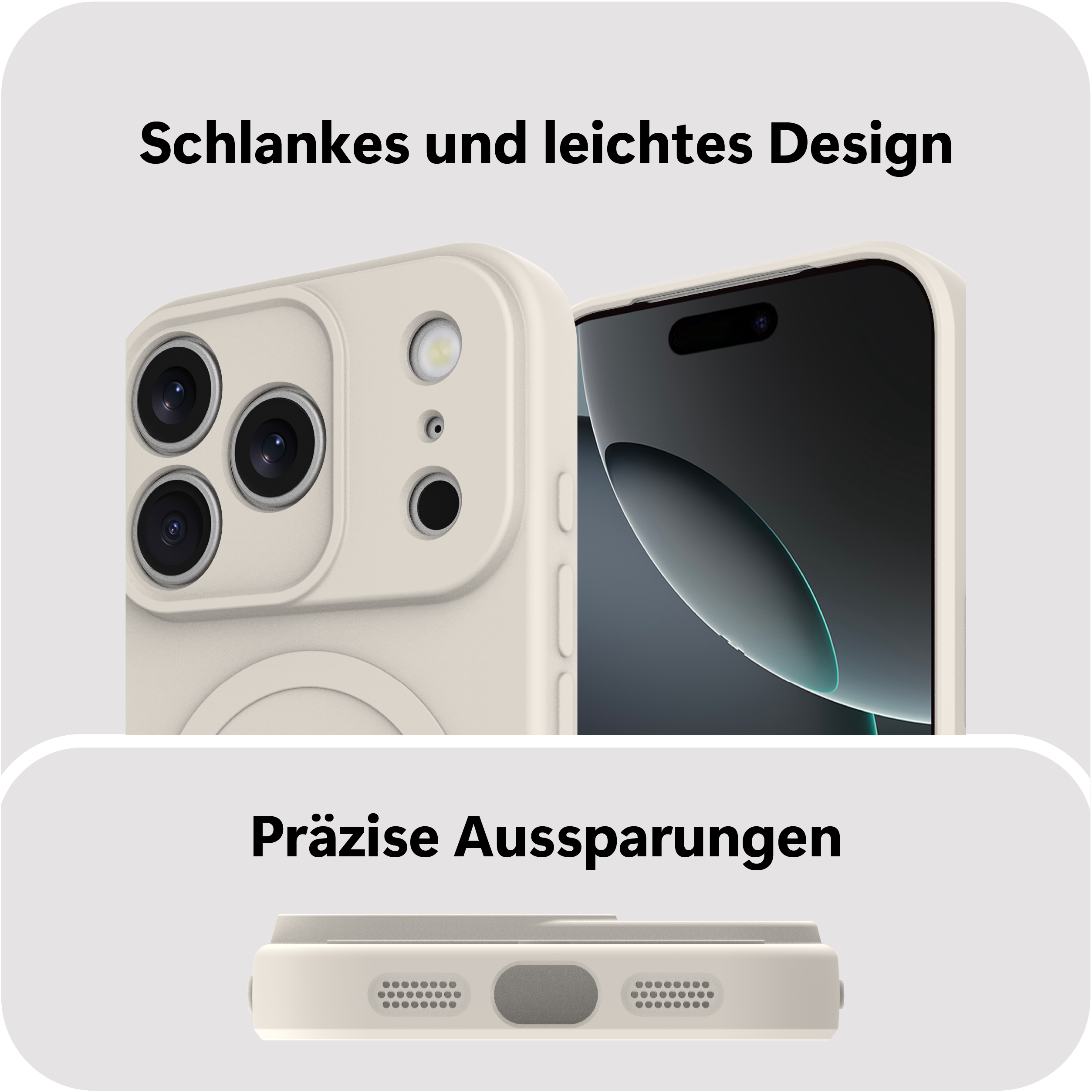 Ein cremefarbener Handyhülle mit Kameraobjektiven und einem Bildschirm.