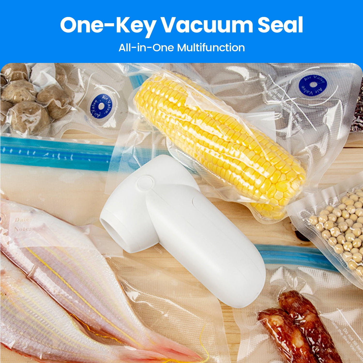 Vakuumverpackte Lebensmittel: Mais, Fisch, Wurst, Pilze, Bohnen, mit einem weißen Vakuumierer.