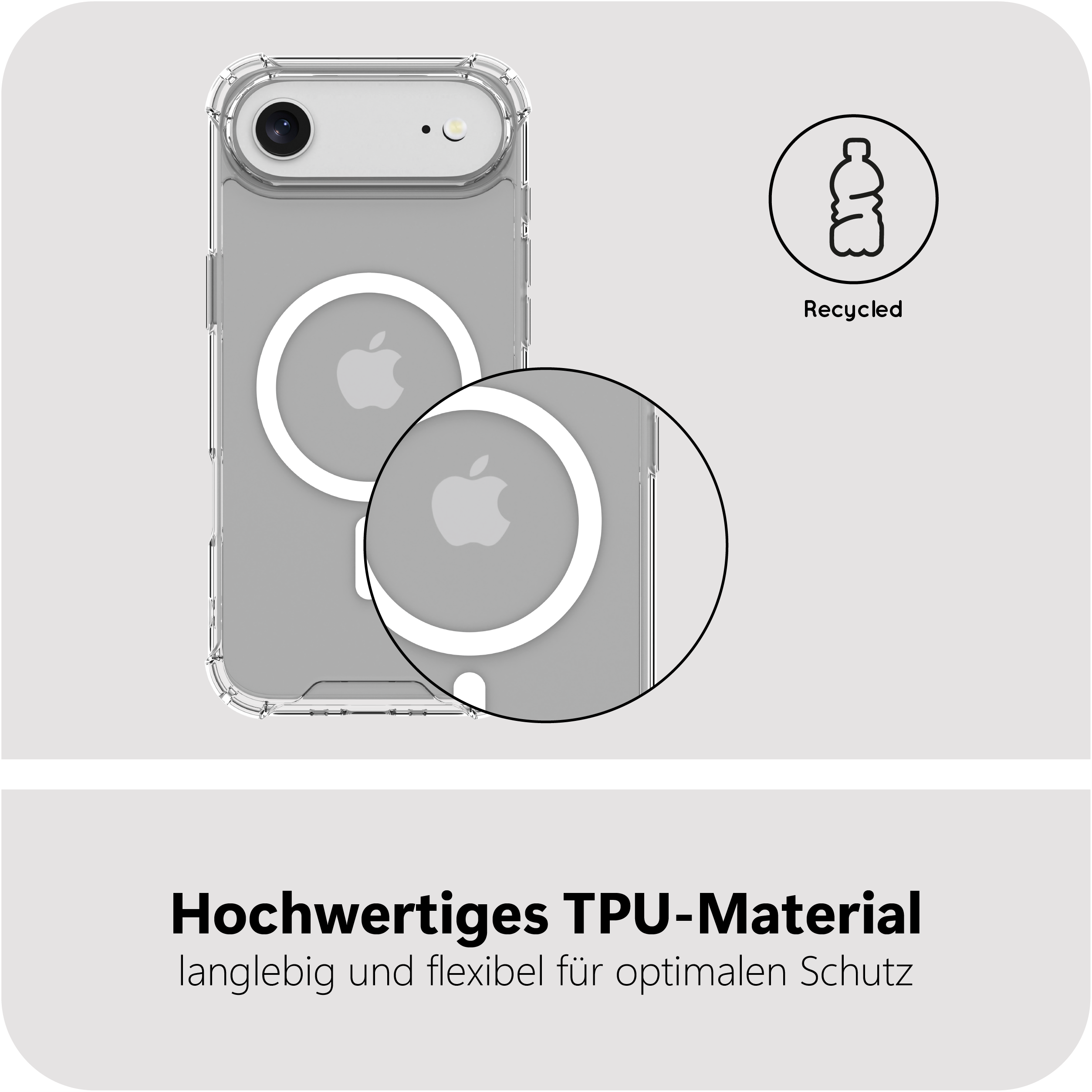 Custodia trasparente per telefono con anello magnetico e simbolo di riciclo.