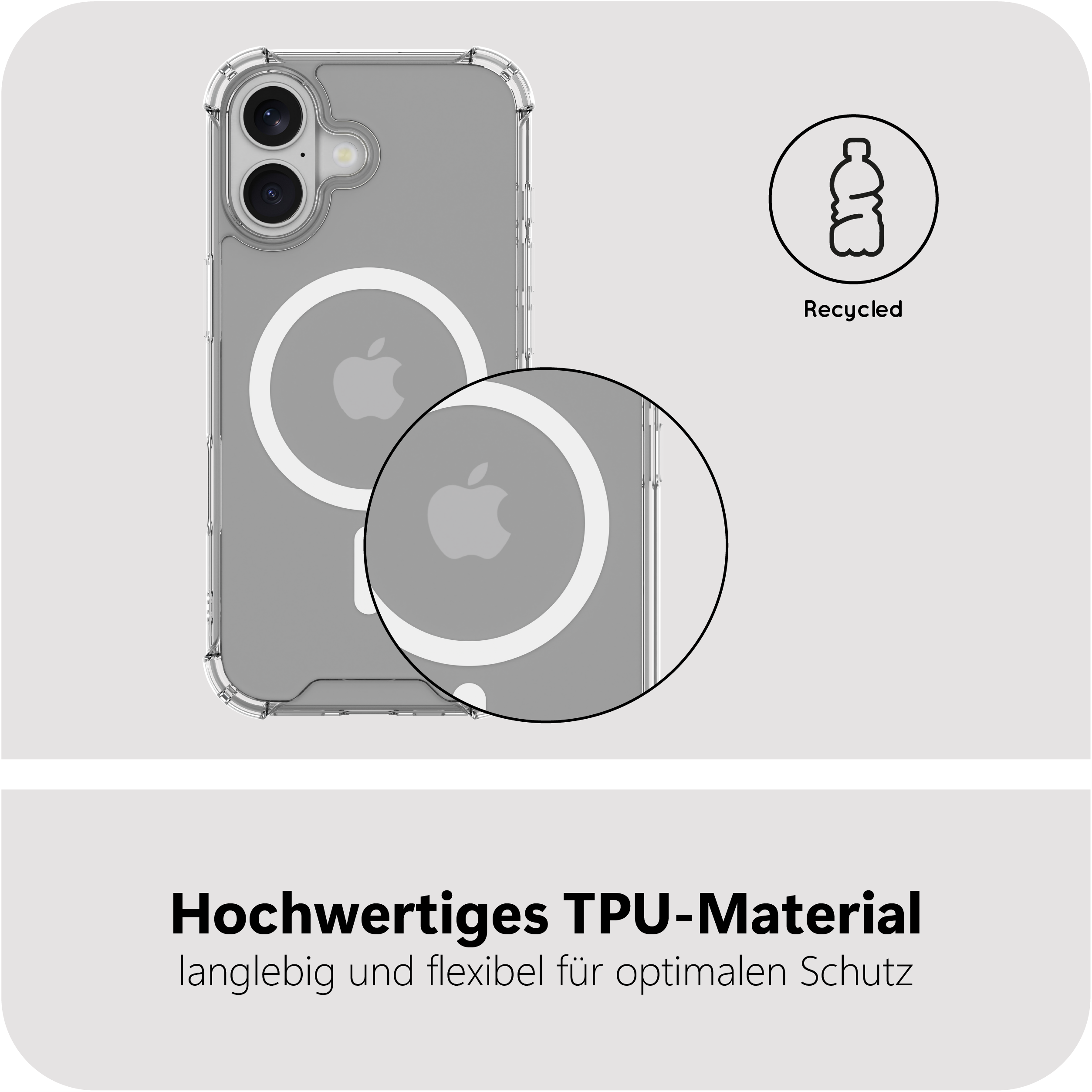 Custodia trasparente per telefono con logo Apple, simbolo riciclato. Materiale TPU di alta qualità.