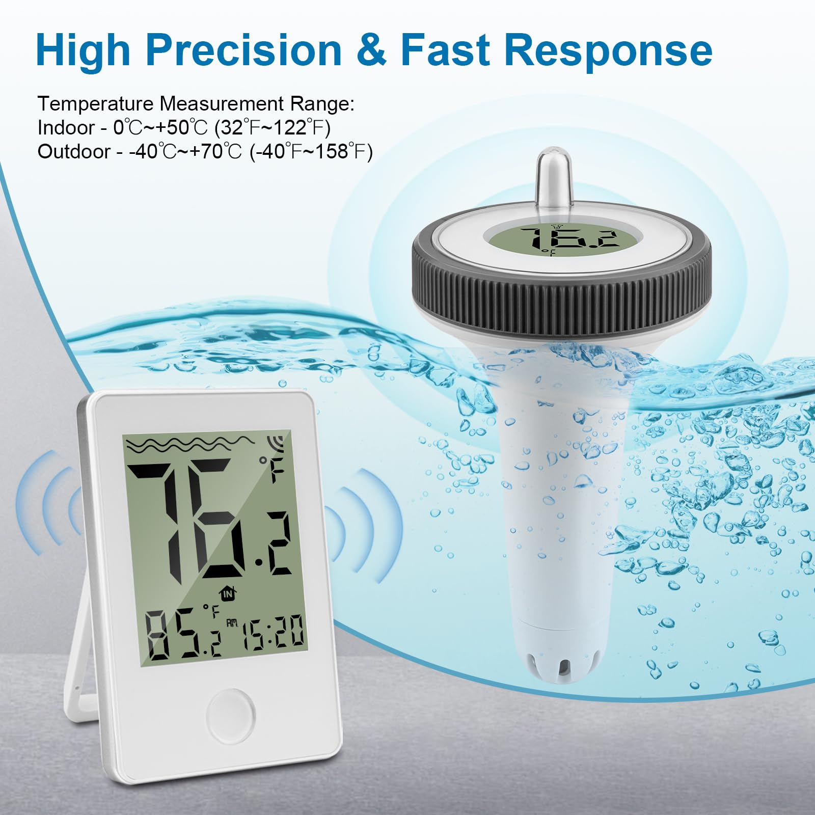 Ein Thermometer im Wasser und ein Innenthermometer zeigen Temperaturen an.