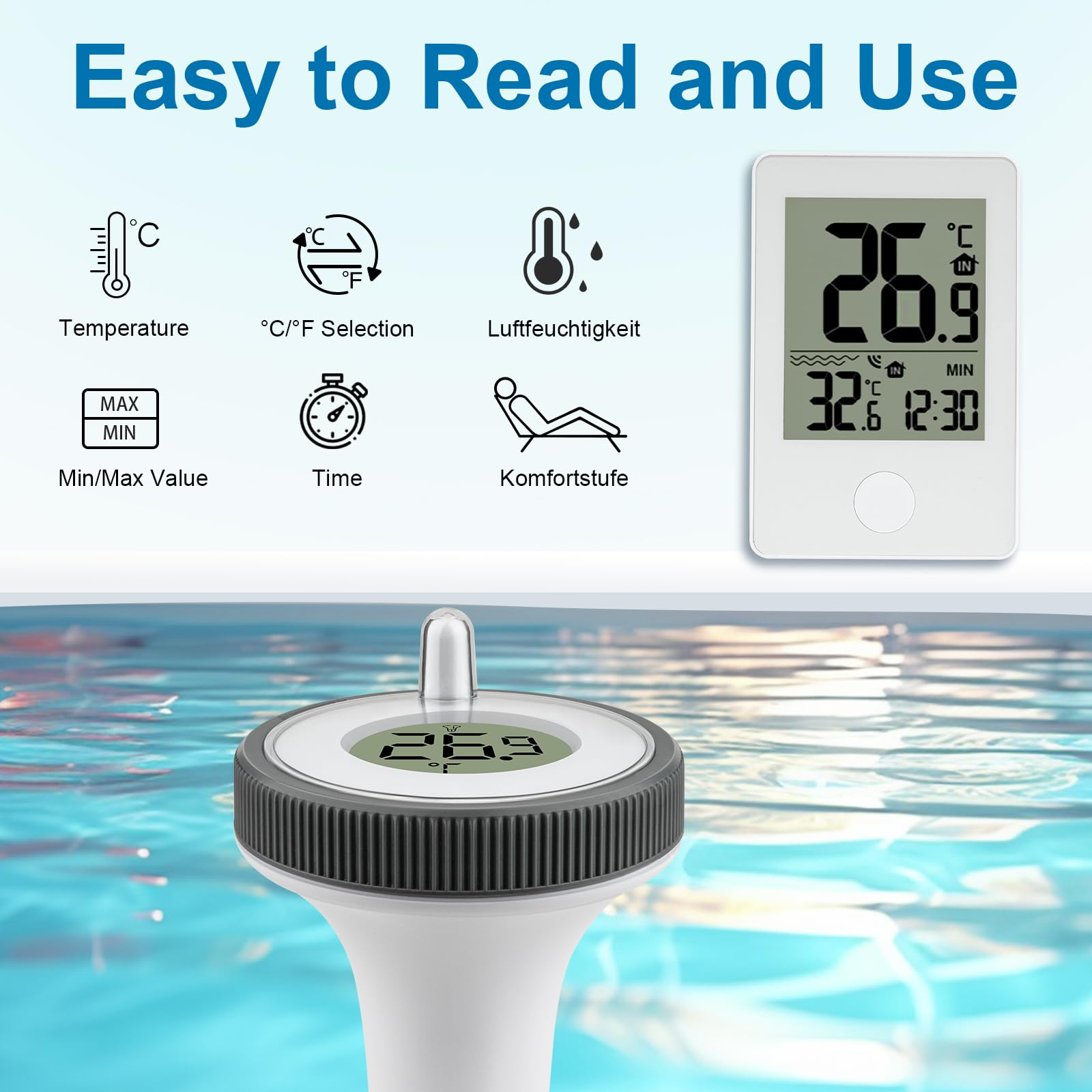 Ein digitaler Poolthermometer in blauem Wasser zeigt 26,9°C an.