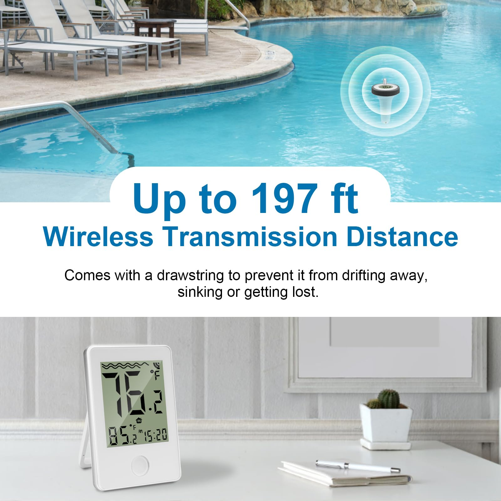 Ein Poolthermometer mit Display neben einem Pool mit Liegestühlen.
