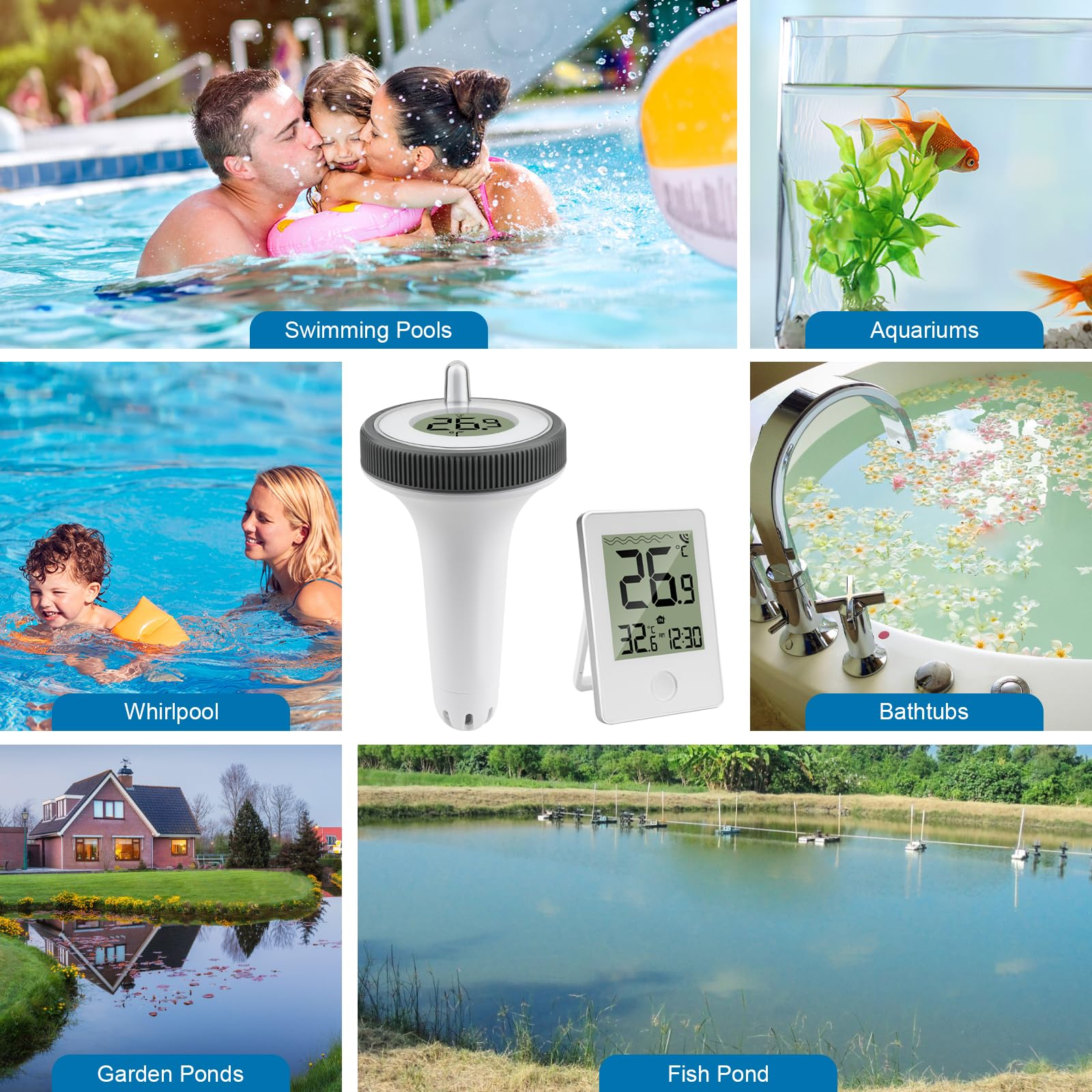 Collage aus Bildern von Pools, Aquarien, Whirlpools, Badewannen, Teichen und Fischteichen.