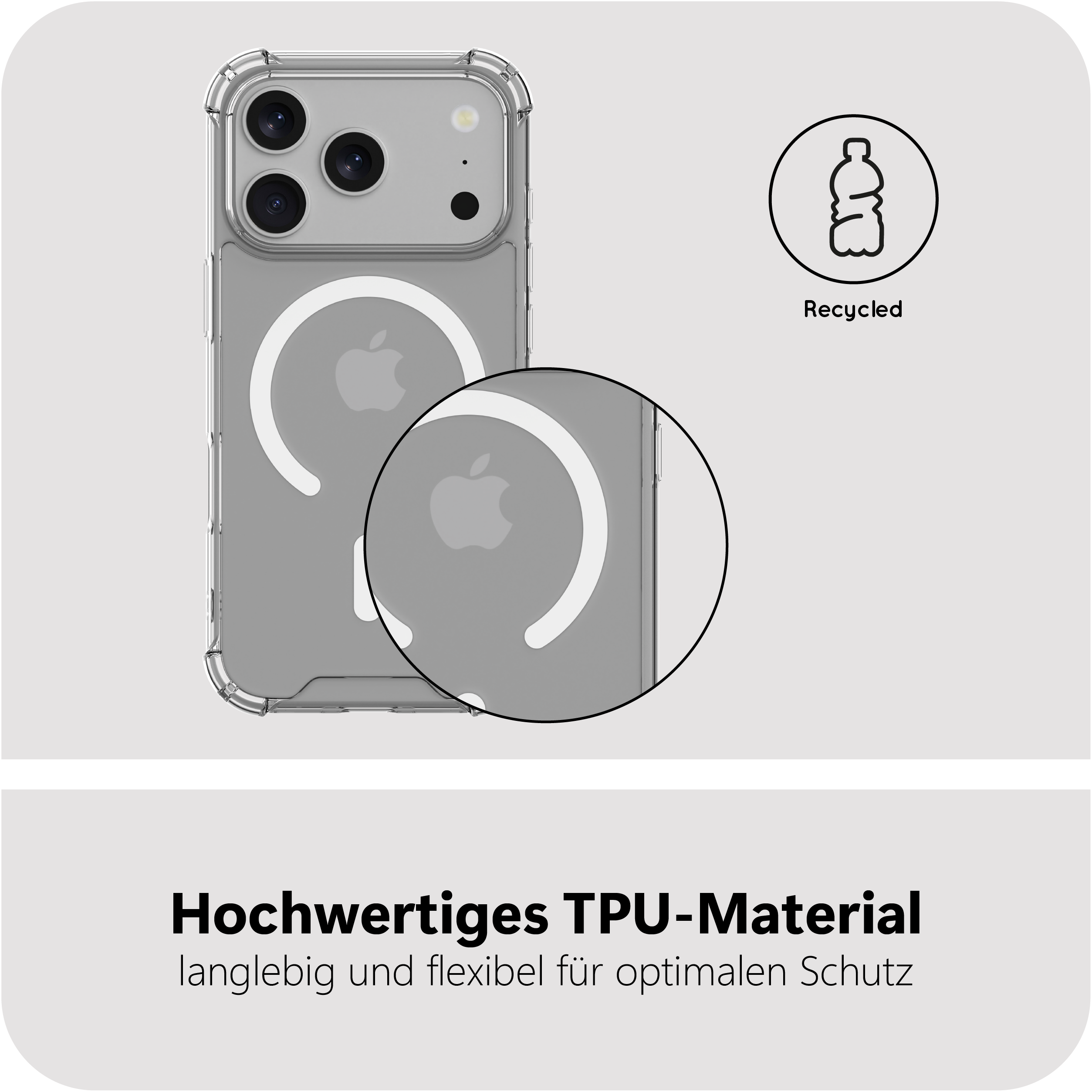 Klarer Handyhülle mit Kamera und Recycling-Symbol.