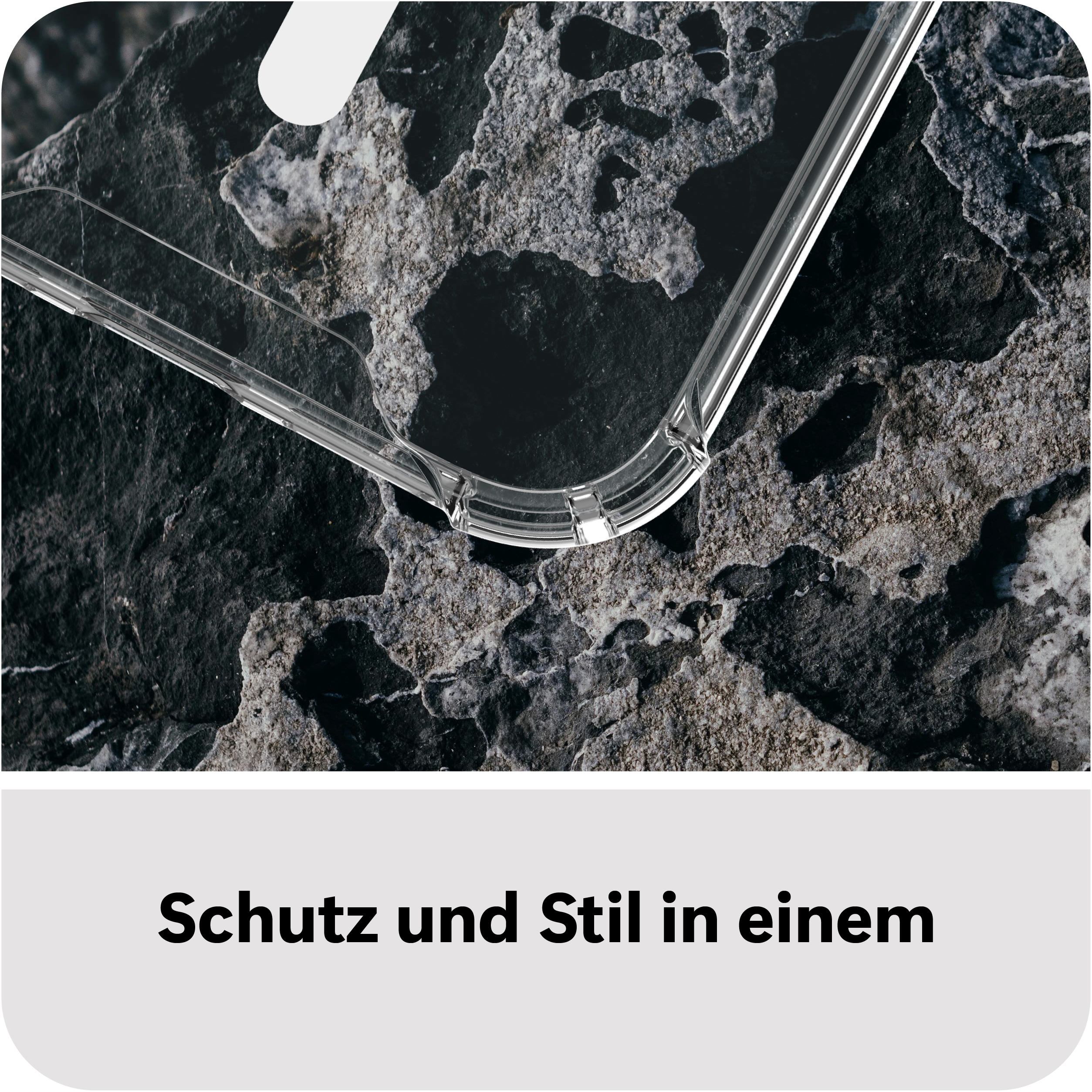 Eine klare Handyhülle liegt auf einem dunklen Felsen.