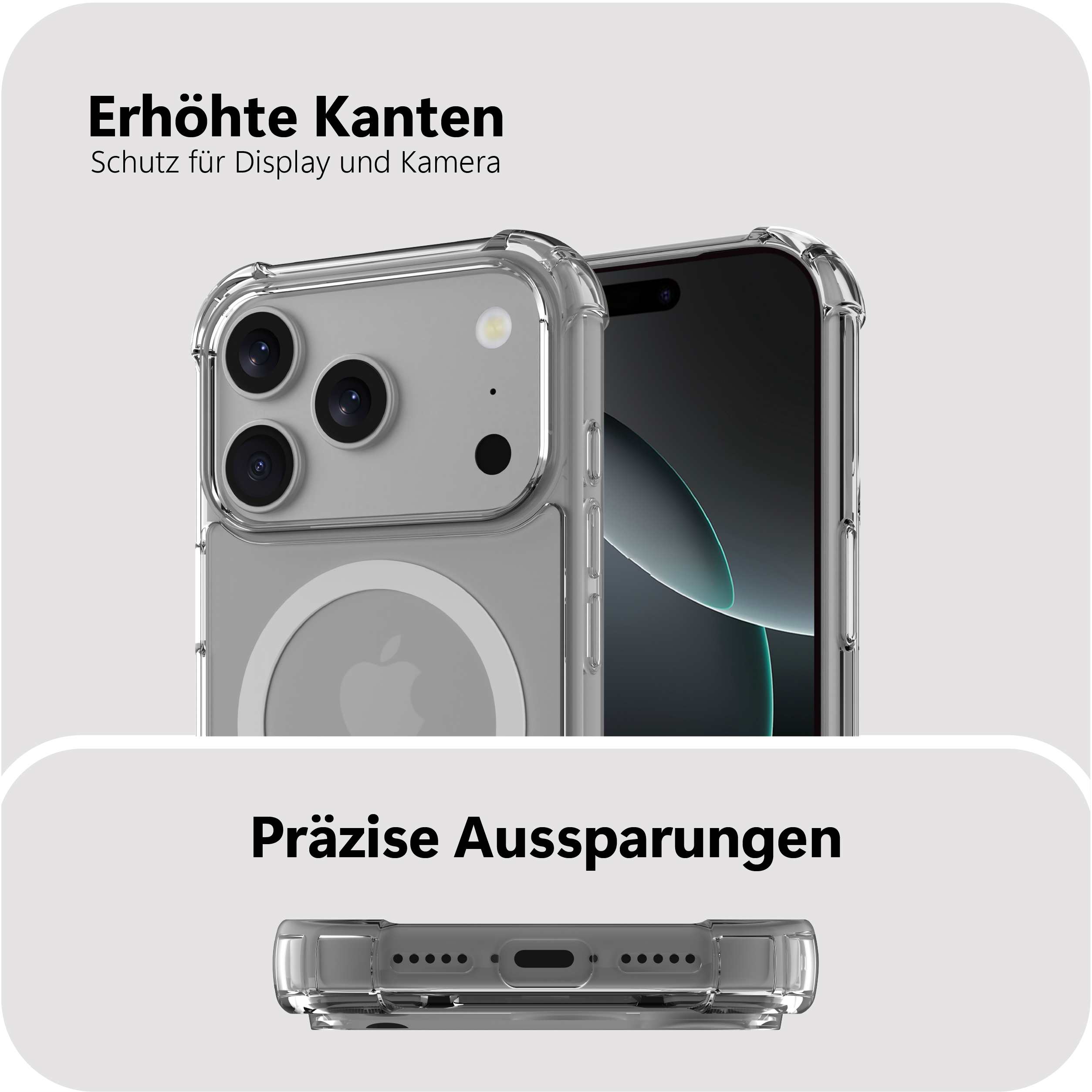 Ein transparentes Handycover schützt ein Smartphone mit drei Kameras.