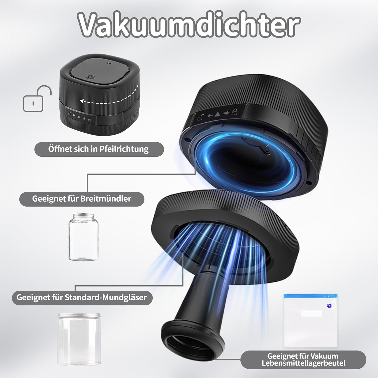 Schwarzer Vakuumierer mit Zubehör, zeigt verschiedene Behältergrößen.