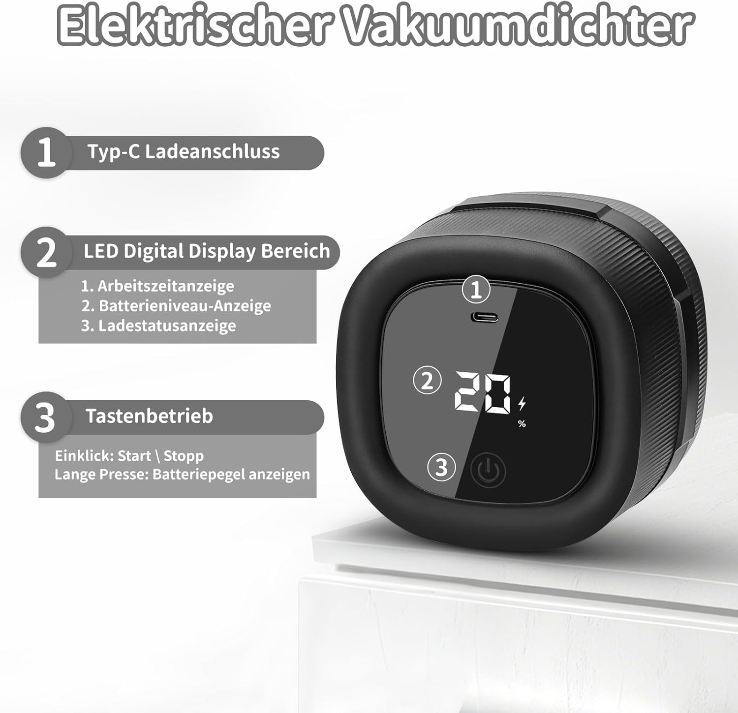 Schwarzer elektrischer Vakuumierer mit LED-Display zeigt 20% Akku und Ladeanschluss.