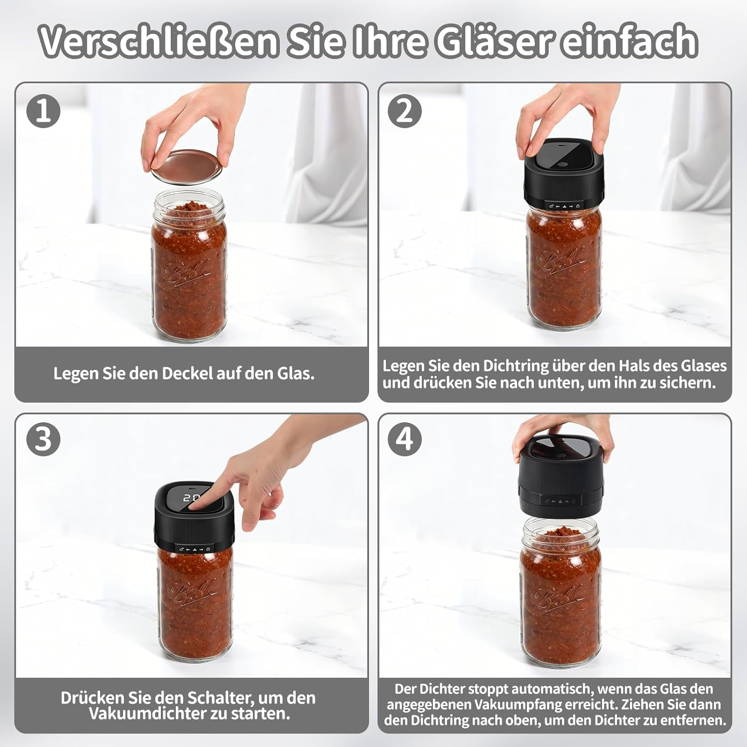 Schritt-für-Schritt-Anleitung zum Vakuumversiegeln eines Glases.