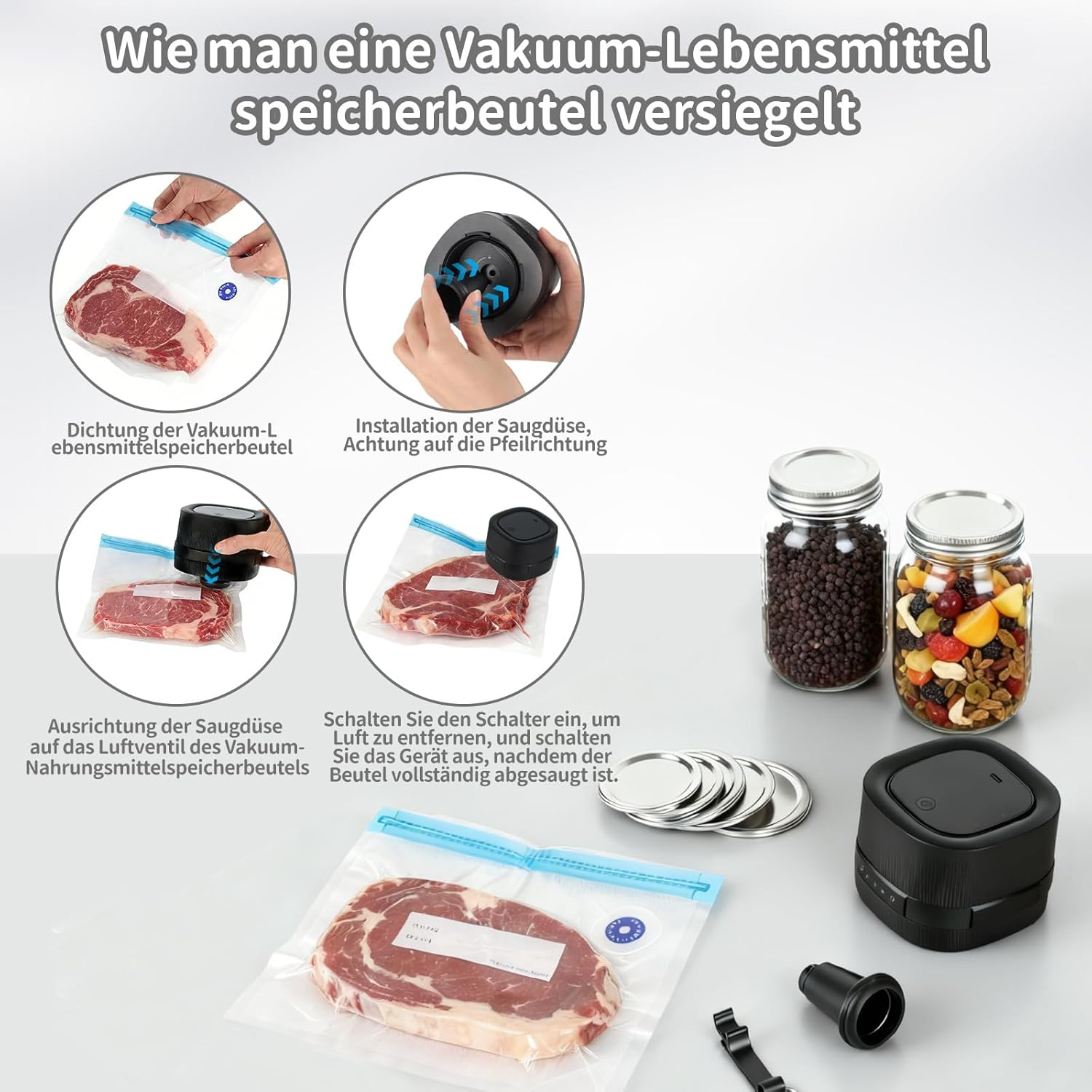 Schritt-für-Schritt-Anleitung zum Vakuumversiegeln von Lebensmitteln mit einem Gerät.