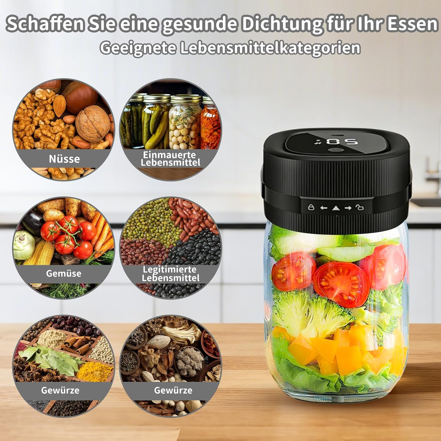 Produkt mit verschiedenen Lebensmittelkategorien: Nüsse, eingelegtes Gemüse, frisches Gemüse, Hülsenfrüchte, Gewürze.